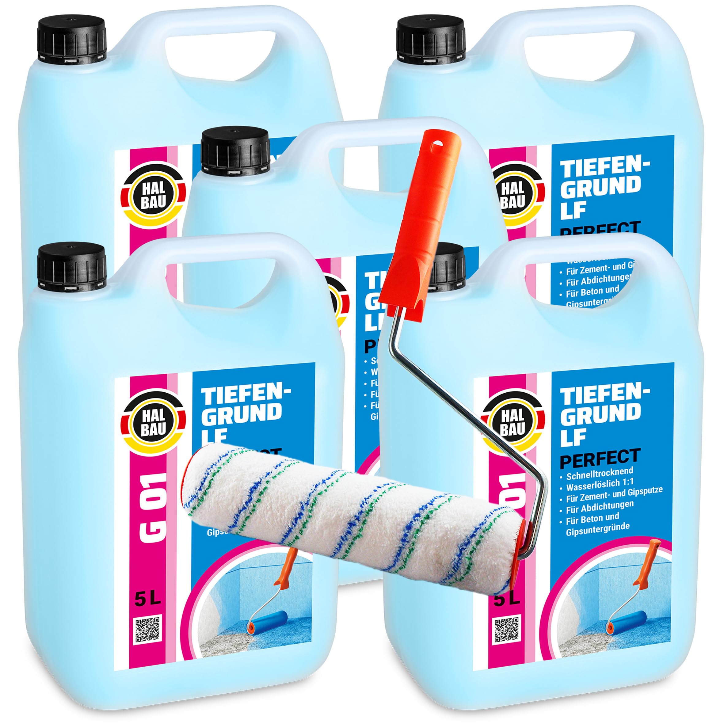 Tiefengrund LF Perfect 25 L, Voranstrich unter Abdichtungen, Grundierung für Putz, Beton + Farbroller 25cm Mikrofaser Set G01