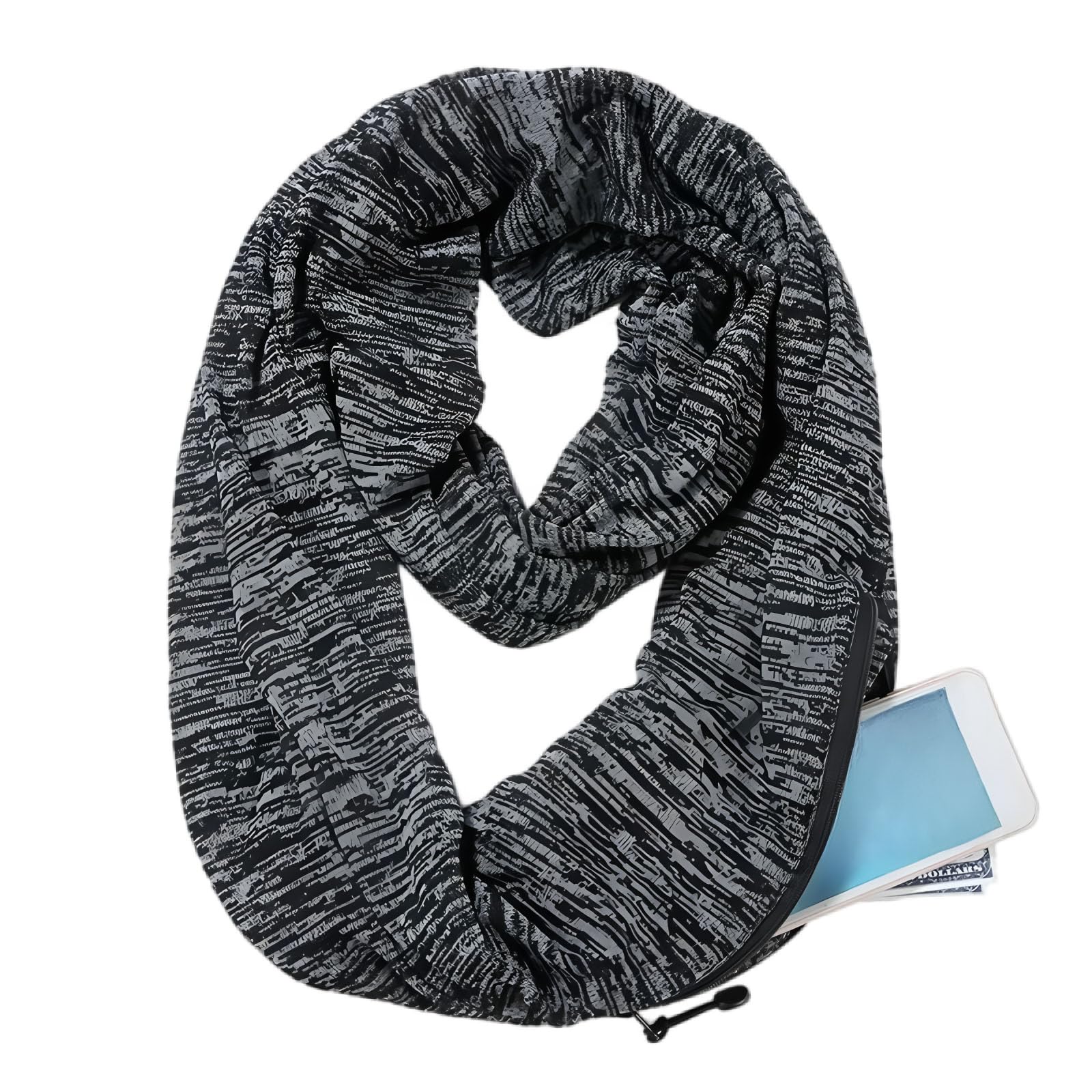 Antcher Unisex Black And Gray Infinity Scarf With Zipper Pocket Colorful Travel Journey Scarves Wrap Shawl (Black)