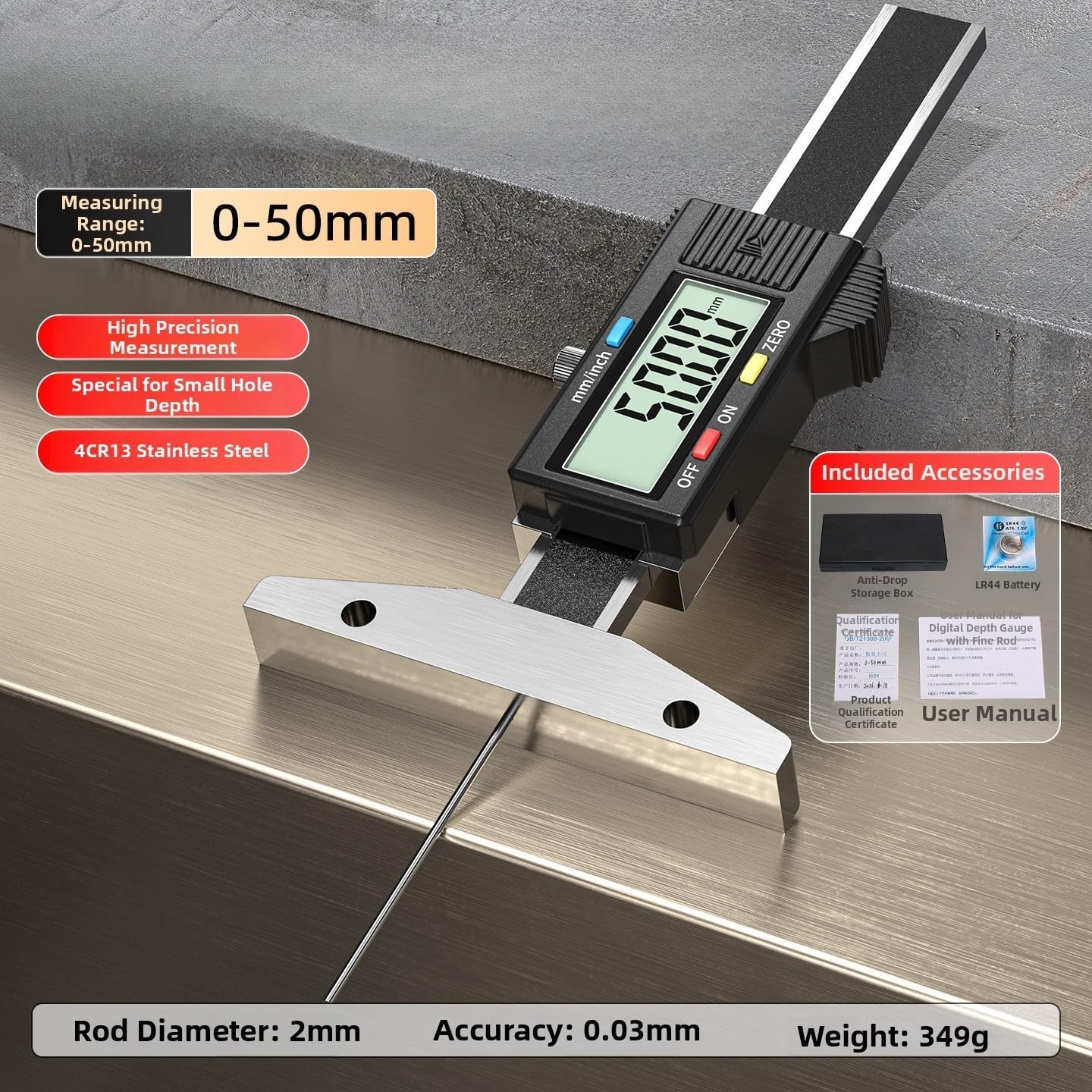 Präzisions-Tiefenmessgerät, 0,03 mm, Genauigkeit, feiner Stab (0–50 mm)