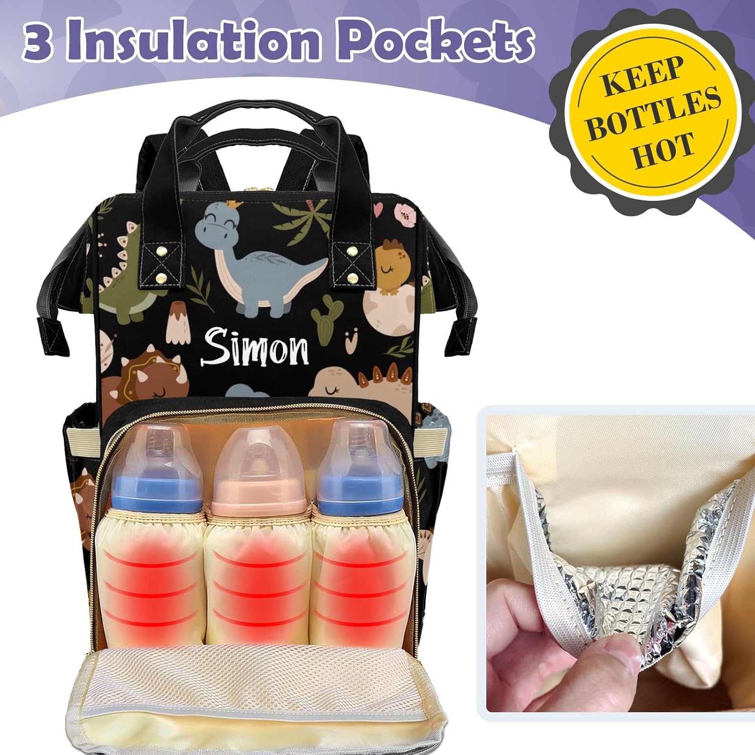 Cute Tropical Dinosaur Large Capacity Custom Diaper Bag for Baby Boy Girl Waterproof Personalized Name Diaper Bag Backpack with Multi-Pocket Customized Mom Travel Daypack for Baby Essentials