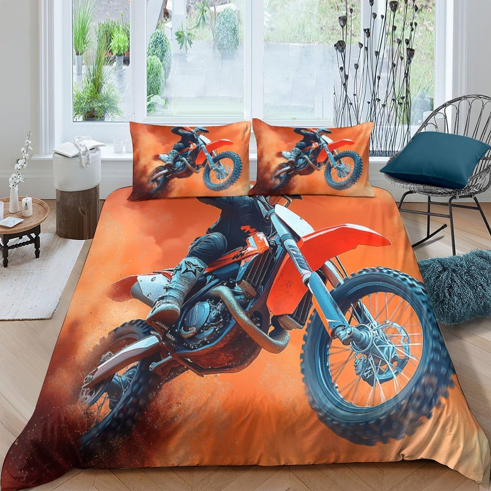 P5V6M1Q9 3D Printed Orange Dirt Bike Duvet Cover Microfiber Soft Breathable Motocross Quilt Cover Set with 2 Pillowcases for Bedroom Decor Single（135x200cm）