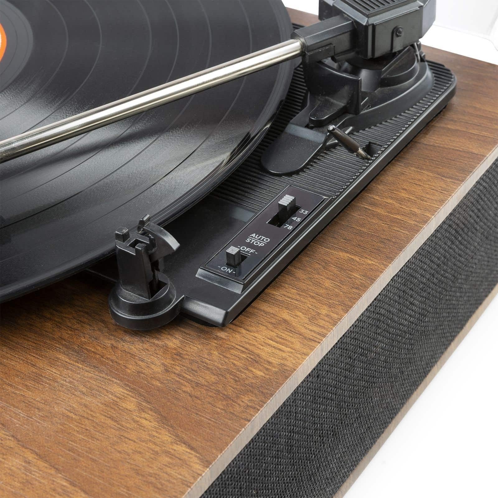 Fenton RP161 Plattenspieler Bluetooth, HQ Vinyl Player, Staubdeckel, Line-Out, eingebaute Stereo Lautsprecher, 3 Geschwindigkeiten, Single Puck, Schallplattenspieler mit Lautsprecher Walnuss Braun