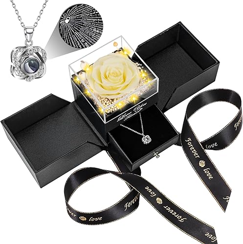 Miniatura 35 de Rosa Real Preservada con Collar de Corazón I Love You - Flores Eternas Regalos de Cumpleaños de Rosa para Ella Mamá Esposa Novia Abuela en San 2