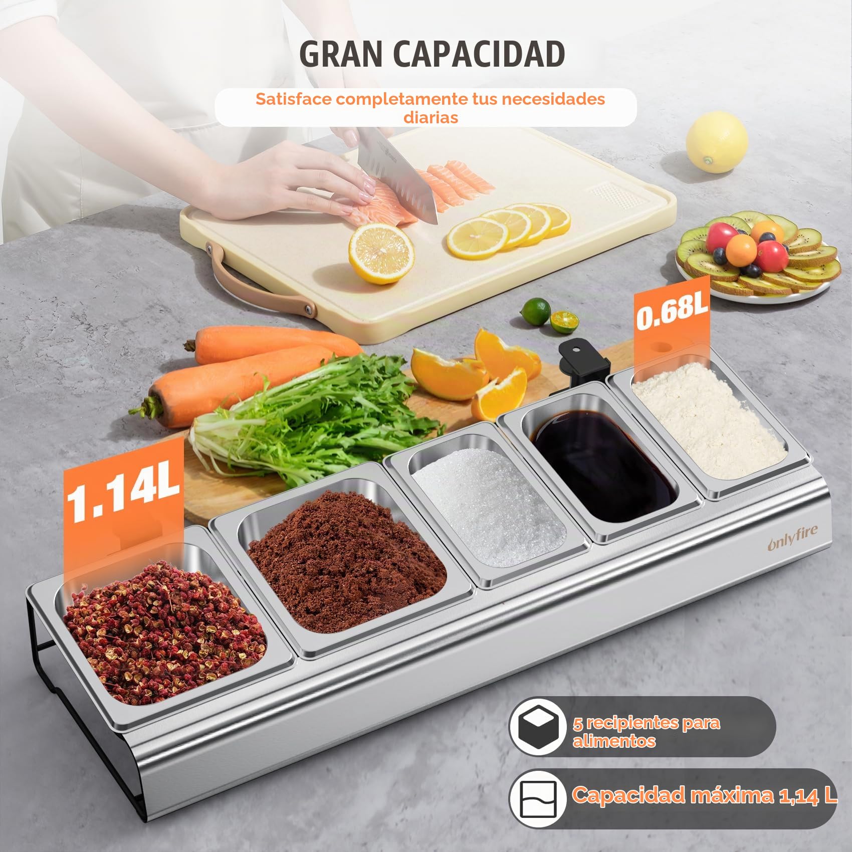 onlyfire Caja de Ingredientes, Juego de 5 Recipientes para Ingredientes para Pizza, Recipientes de Acero Inoxidable con Tapa, Catering Soporte para Cubetas, Accesorios para Horno de Pizza
