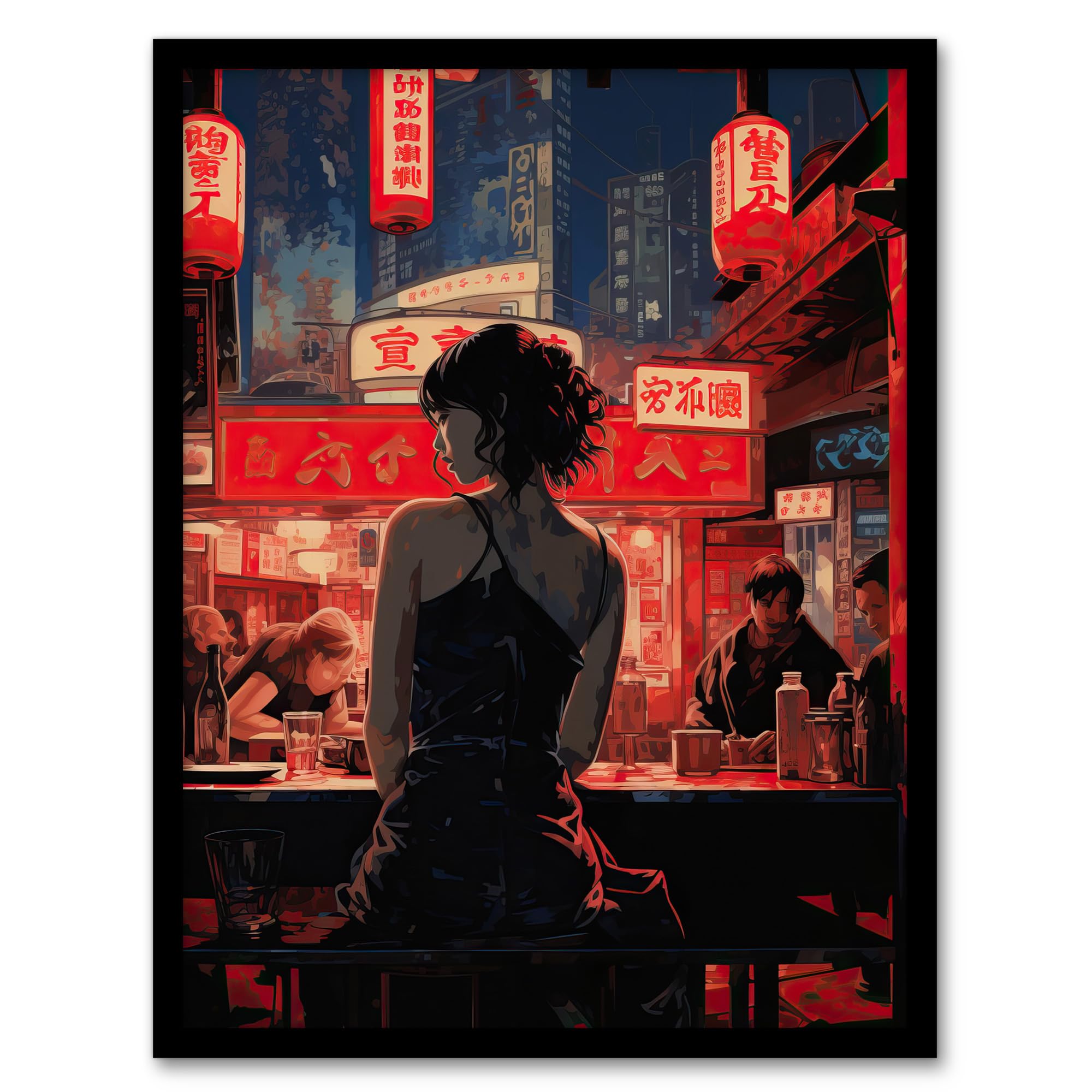 Artery8 Framed 18X24" Ukiyo Cyberpunk Jazz Bar Film Noir Neon Anime Artwork Painting Artwork Framed Wall Art Print 18X24 Inch