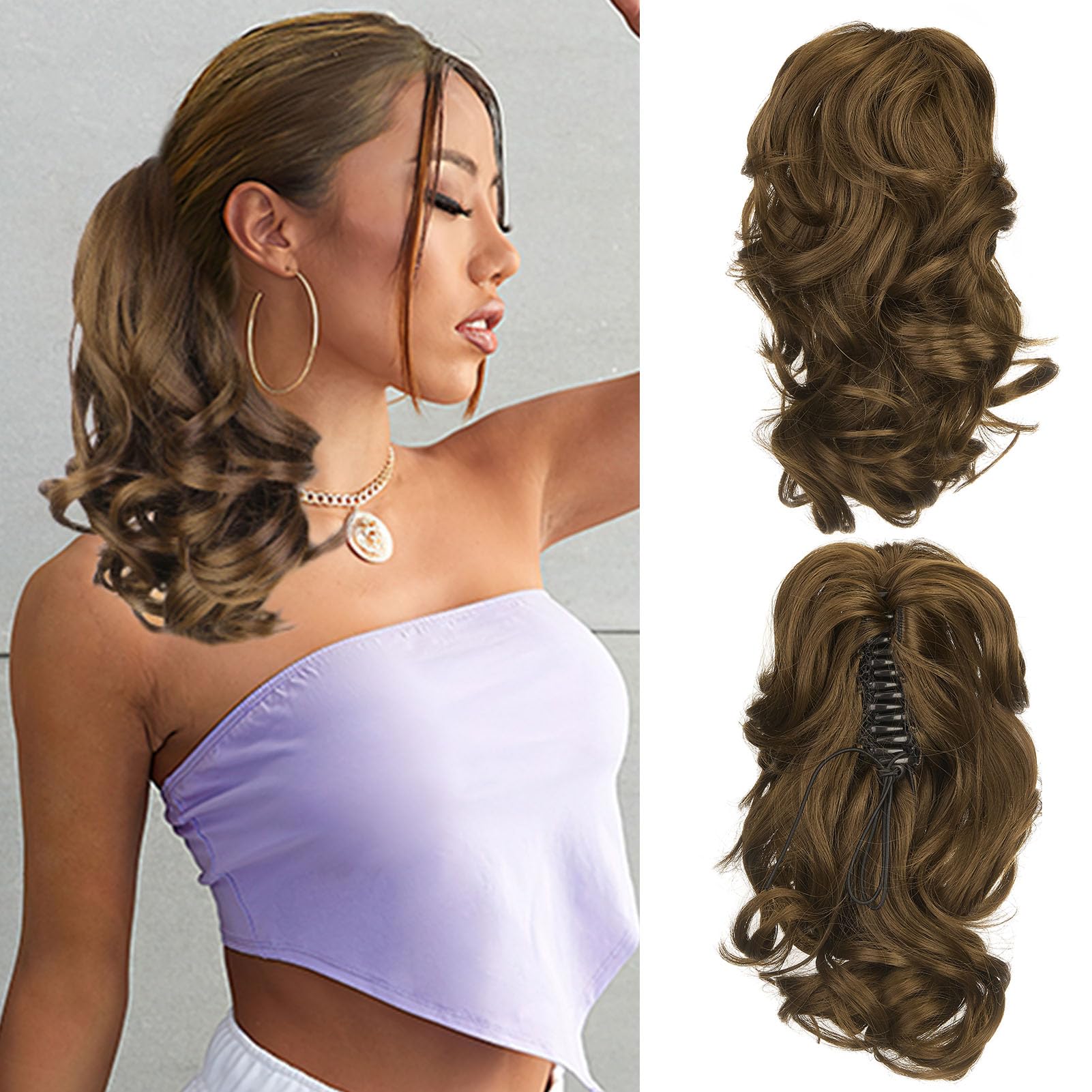 Cybelleza 14 inch Ponytail Hair Extension Curly Wavy Claw Jaw on Long Short Cute Pony Tails Clip in Hair Extensions Ponytail Hairpieces Synthetic for Women Ash Brown
