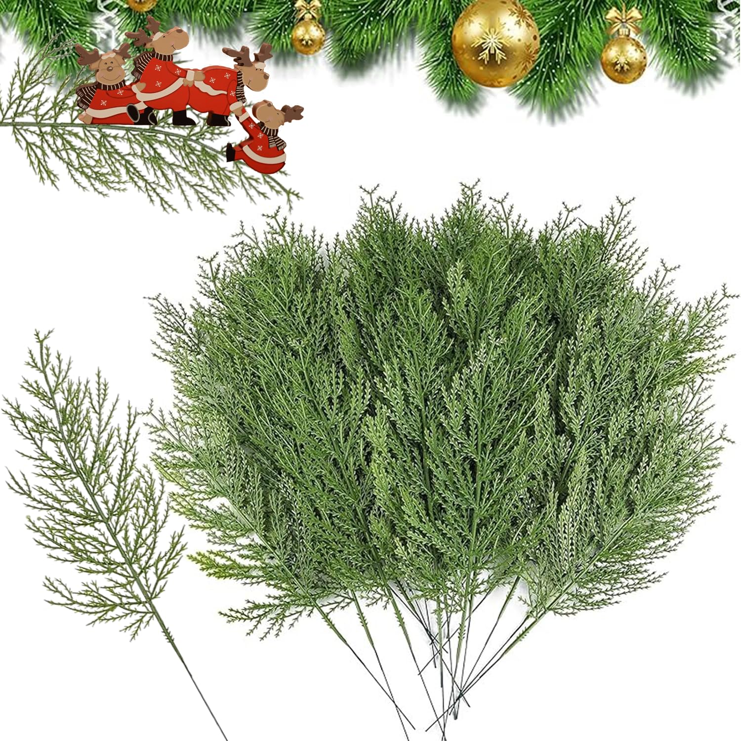 50 Pcs Artificial Plants Pine Needles Branches Fake Pine Sprigs Green Faux Artificial Pines Branches Green Leaves Needle for DIY Crafts Christmas Embellishing and Home Holiday Decoration