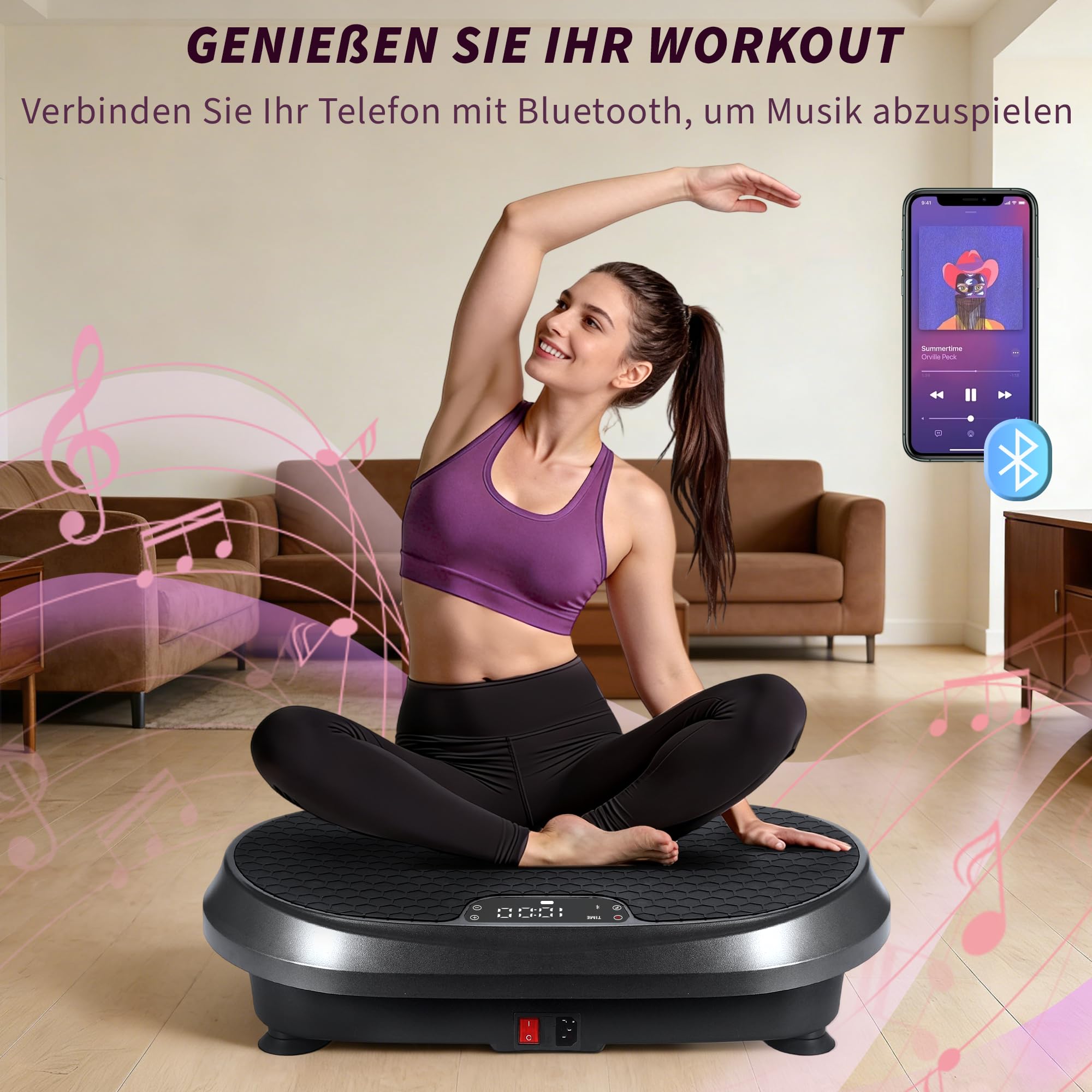 Vibrationsplatte - Vibration Plate Rüttelplatte Sport für Zuhause | Hohe Stabilität Rutschfeste Fußpads Leiser Betrieb Fernbedienung Widerstandsbänder 9 automatische Programme LED-Anzeige