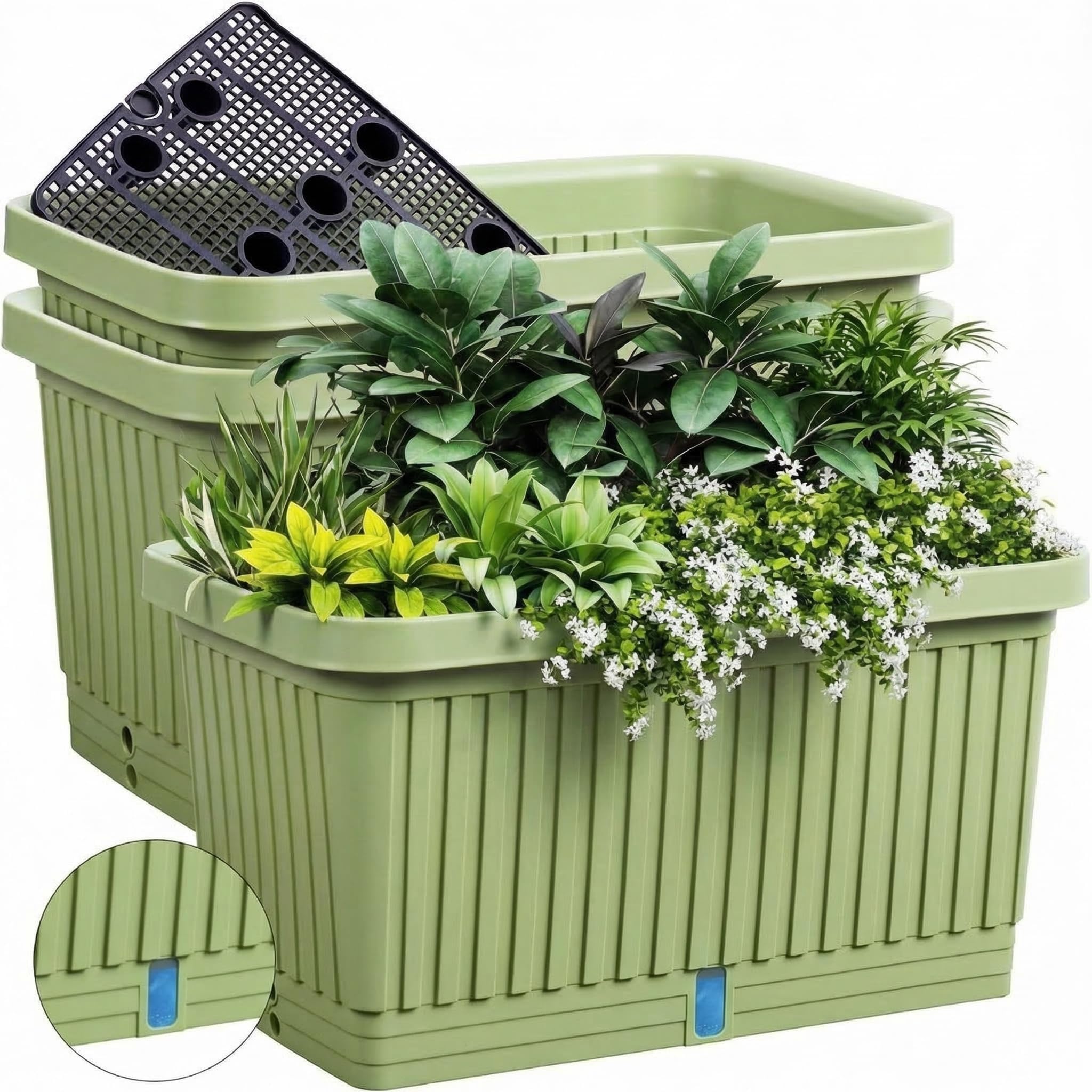 3 Pcs 20 Inches Large Planter Boxes Deep Rectangular Planter Boxes Outdoor Lightweight Plastic Planting Flower Pot with Drainage Holes Plant Pot for Patio, Courtyard, Lawn, Outdoor