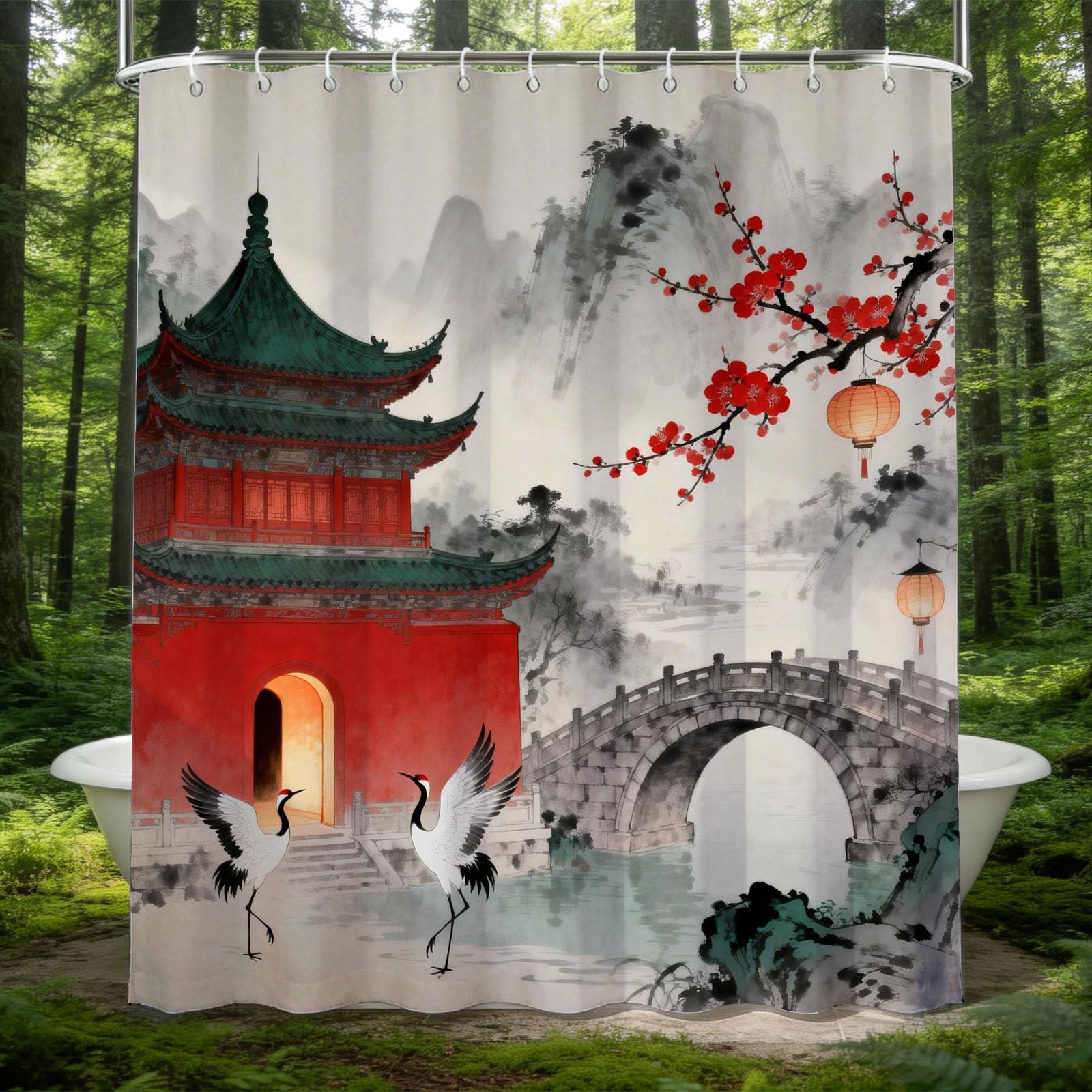 Hongduo White 3D Chinese Architecture Shower Curtain For Stalls Bathtubs Exotic Print Bathroom Decor Shower Curtain Set Polyester Fabric Waterproof 180X200cm/71X79 Inch With Hooks