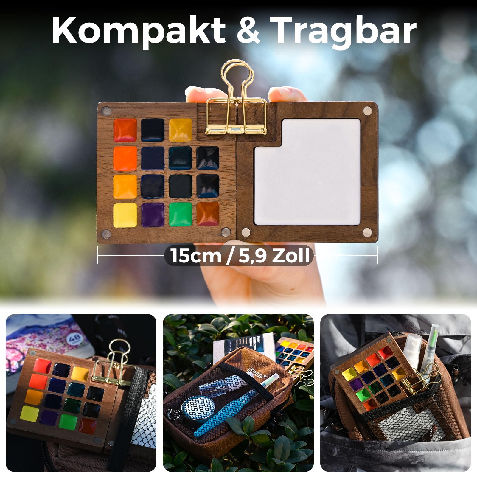 Funto Mini Wasserfarben-Set, All-In-One Nussholz 8-Farben Premium Pocket Travel Paint Kit, mit Crossbody-Tasche, Wasserfarben-Tagebuch, Metallklammer, Malwassertasse