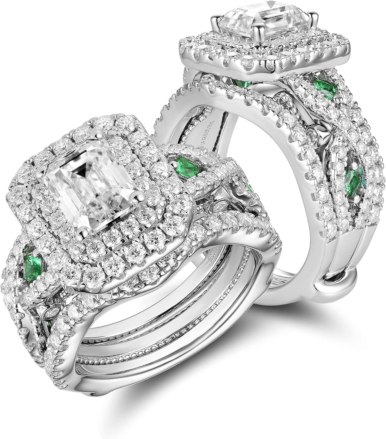 DovEggs Moissanite Enhancer Wedding Ring Set Emerald Cut Moissanite Engagement Ring Zambia Emerald 4.3ct 6x8mm FGH Color Antqiue Double Halo Sterling Silver with 18K White Gold Plated(8)