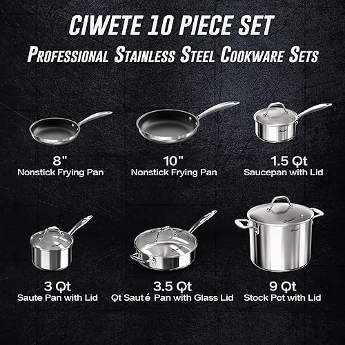 Vista 9 de Juego completo de ollas y sartenes de acero inoxidable 18/10 de triple capa (10 piezas), juego de ollas y sartenes de cobre con tapa de acero