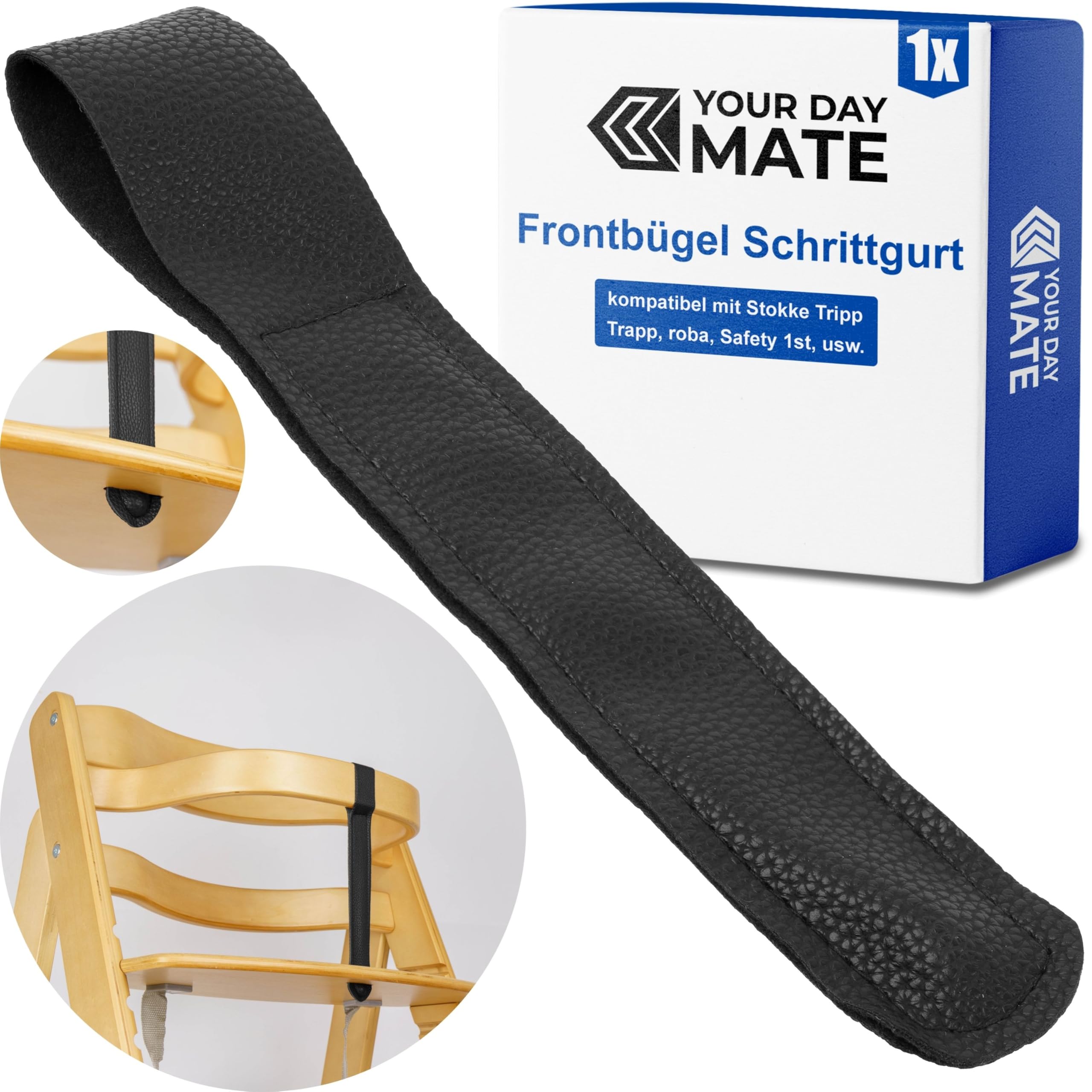 Hochstuhl Schrittgurt, 1 Stück, Schwarz, aus PU Leder, Gurtriemen kompatibel mit u.a. Stokke Tripp Trapp, Safety1st, roba, Kinderkraft, Gurt Frontbügel Ersatz Riemen, Gurtriemen Kinderhochstuhl Stuhl