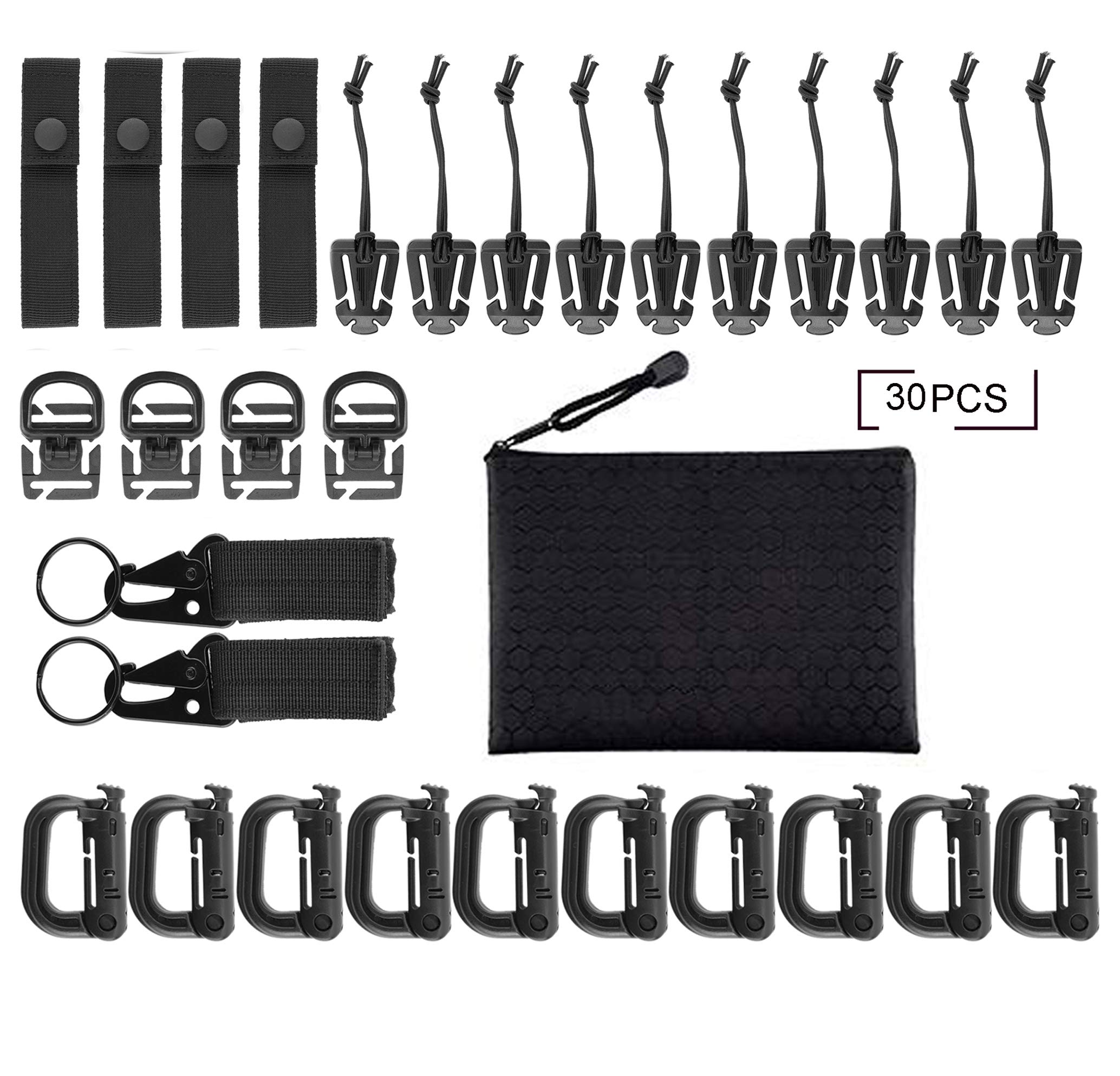 30pcs Tactical Molle Attachments Tactical Bag Clip Straps Set Molle Backpack Webbing Attachments for Tactical Molle Backpack Vest Belt with Zippered Pouch