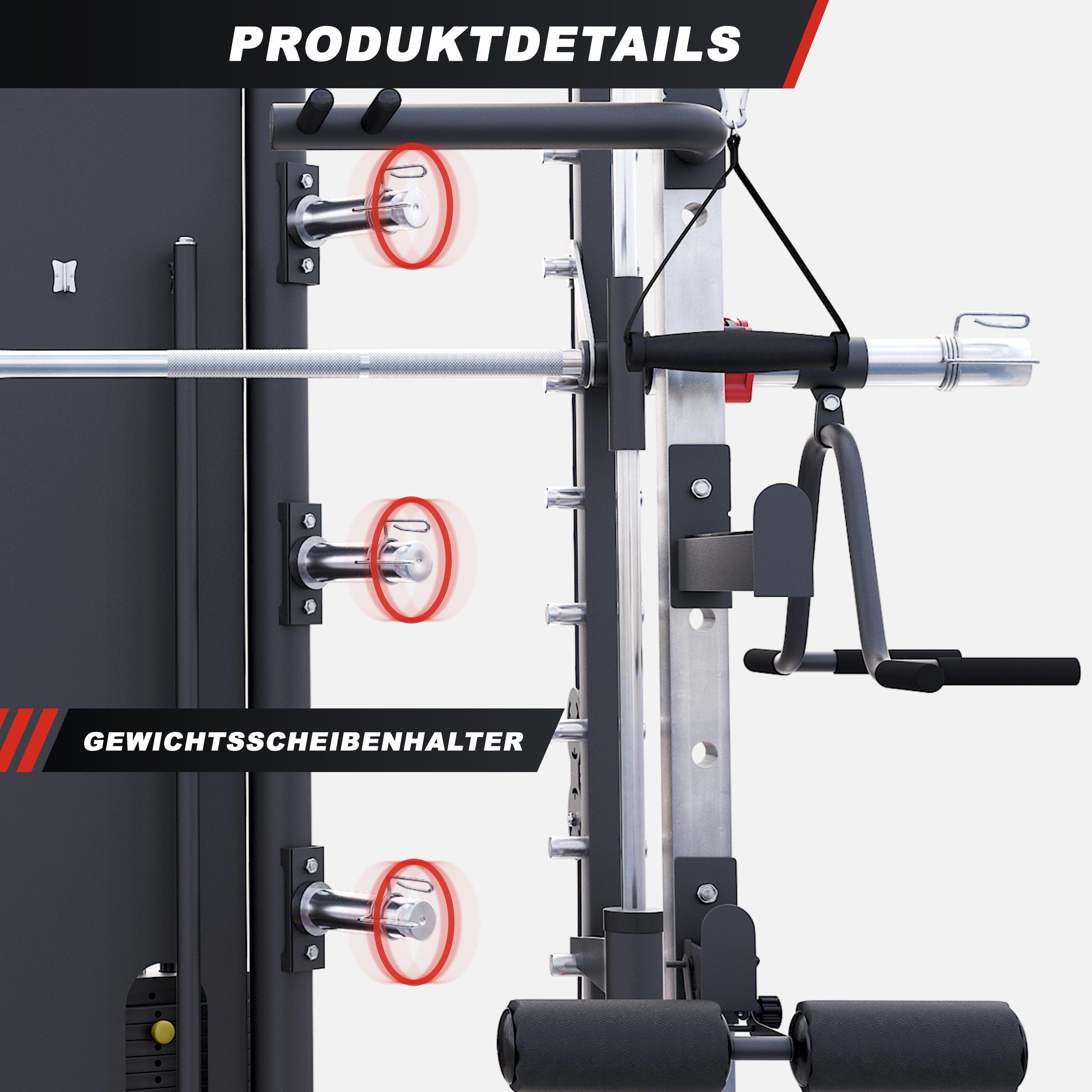 Gorilla Sports® Smith Machine - Barre de Traction à Câble Réglable en Hauteur, Leg Curler, Barre d'Haltères Guidée, Convient aux Plaques 50/51mm - Station Musculation Multifonction, Machine Sport