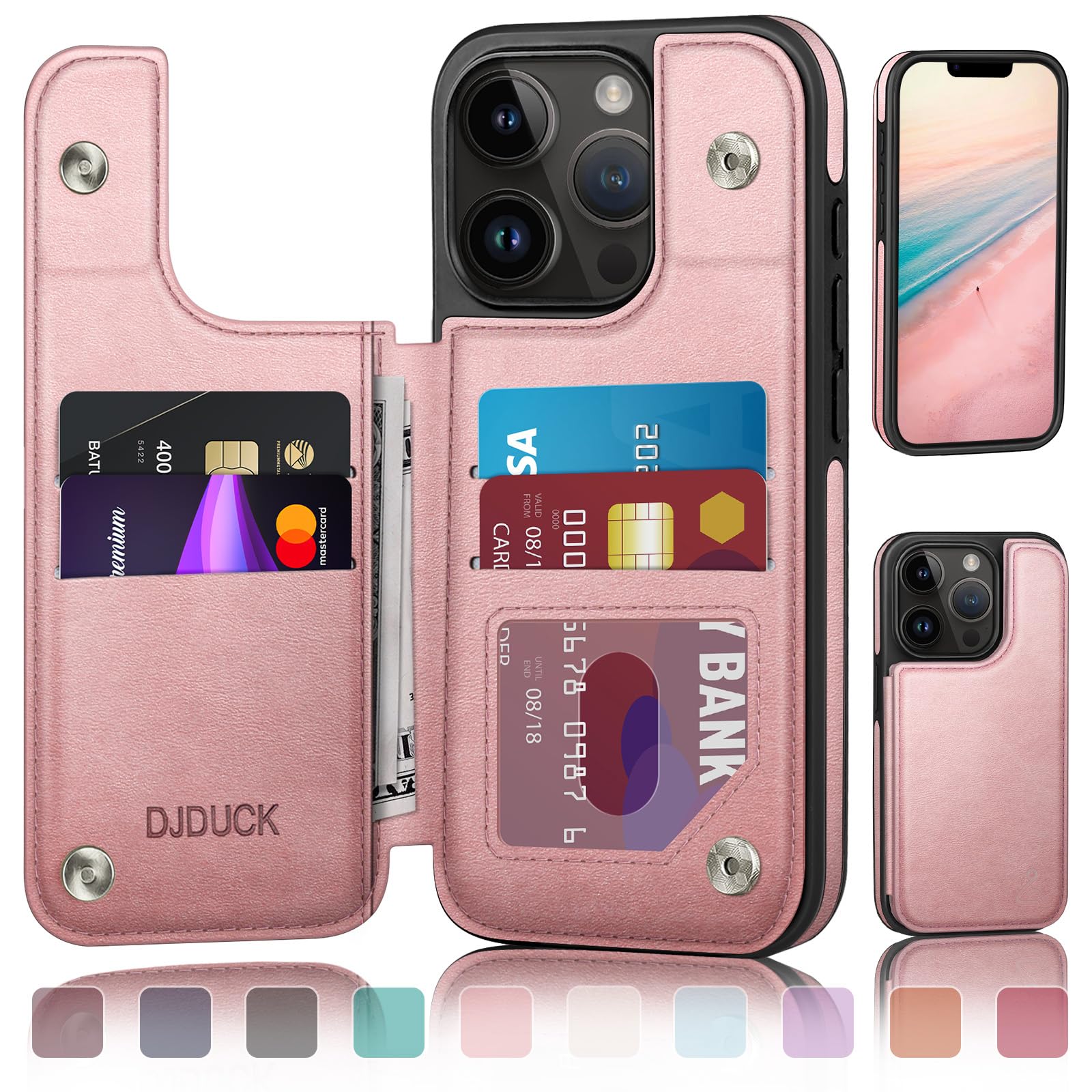 DJDUCK Designed for iPhone 13 Pro Max Case Wallet with Card Holder, [Magnetic Clasp Cover] [RFID Blocking Leather Protection] Shockproof Women Men Cases 6.7 Inch for Apple 13 Pro Max Rose Gold