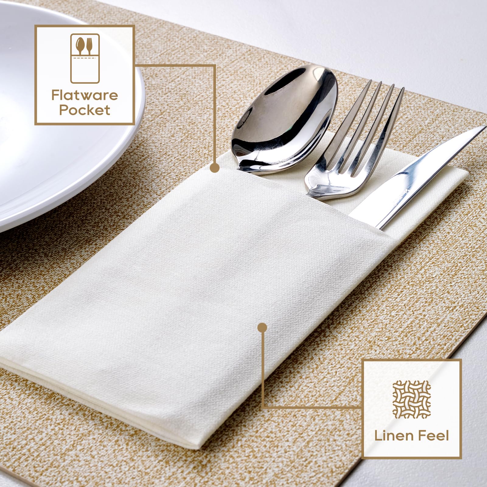 FOCUSLINE 200 servilletas desechables como servilletas, bolsillo integrado para cubiertos, servilletas de papel preplegadas blancas, servilletas de cena con tacto de lino para bodas, fiestas o eventos