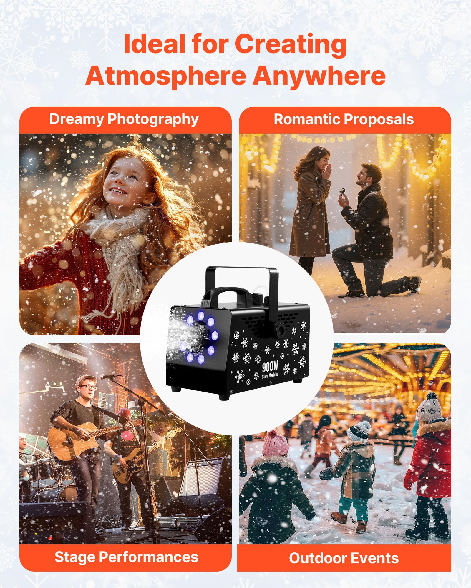 VEVOR Schneemaschine, 900-W-Schneekanone, Kunstschneeerzeuger, Schneeflockenmaschine, Kunstschneeflockenmaschine für den Innen- & Außenbereich für Feiertage, DJ-Partys, Weihnachtsdekoration