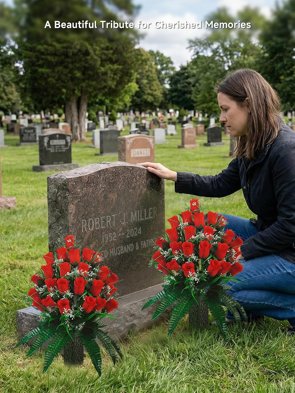 Set of 2 Cemetery Flowers for Grave with Spiked Vases, 24-Stem Red Artificial Rose Bouquets, Wind-Resistant & Non-Bleeding All-Weather Memorial Decorations for Headstones