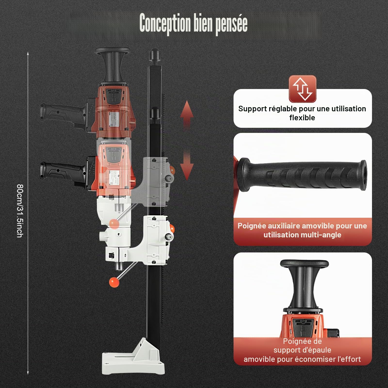 Perceuse à noyau, 2200 W, perceuse à noyau humide, sec, 180 mm, 1200 tr/min, design étanche
