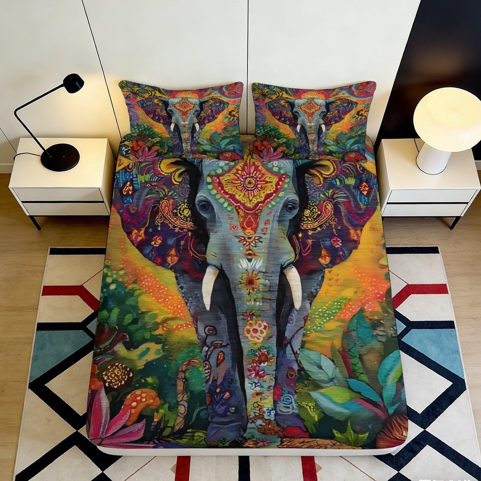 3D Printed Colorful Elephant Fitted Sheet Microfiber Vibrant Jungle Bed Cover for Bedroom Guest Room Decor Protection 200x200x25cm