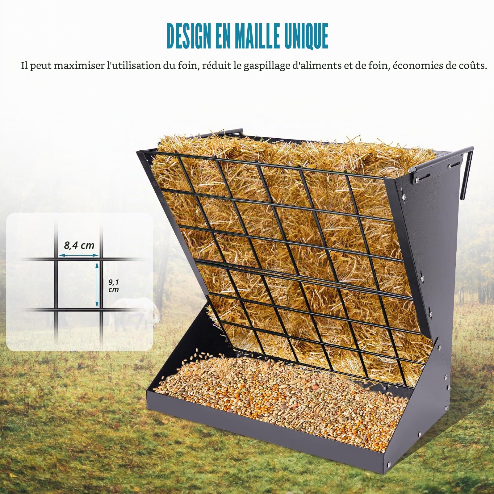 Grand râtelier à foin 2 en 1 pour moutons et chèvres - Râteau à foin suspendu - Grille de conservation et crochets ajustables