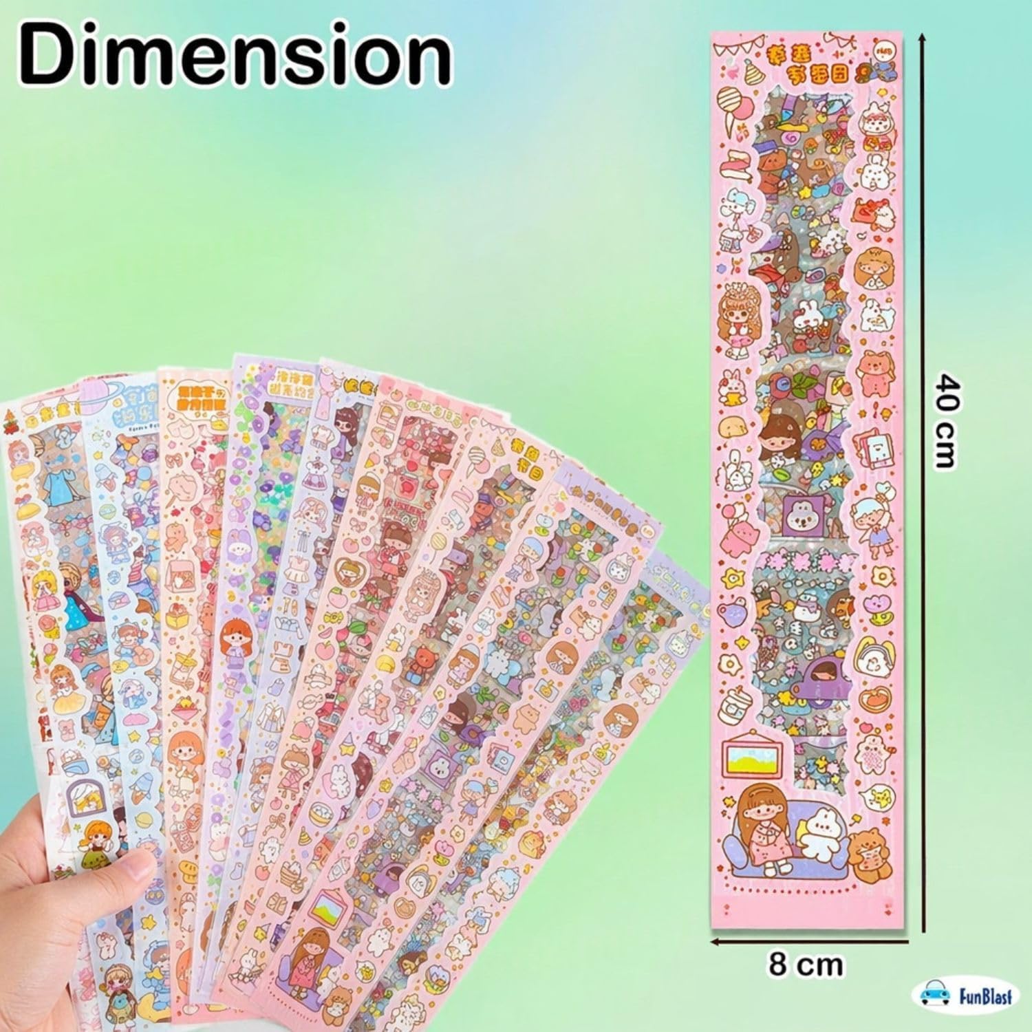 FunBlast Cute Cartoon Theme Kawaii Stickers - 20 PET Sheets Cute Washi Stickers for Project, Japanese Style Girls Sticker Set, SIZE of EACH SHEET - 40 X 8 CM (Color and Design May Vary)