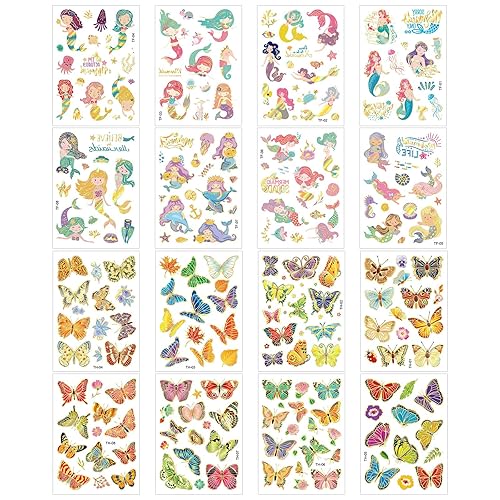 16 hojas de tatuajes temporales para niños, tatuajes temporales de sirena y mariposa bajo el mar para niños y niñas, multicolor, lindos tatuajes de