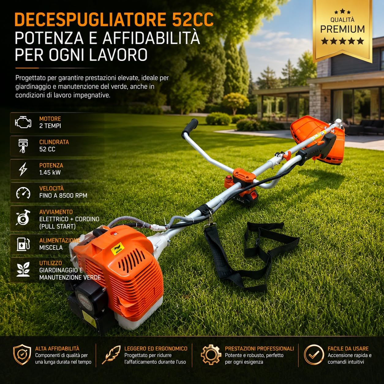 Decespugliatore a Scoppio 52cc 1.45kW 8500RPM Motore 2 Tempi con Manubrio Avviamento Elettrico con Batteria 12V e Manuale con Testina Doppio Filo e Disco tre Denti Acciaio per Erba, Giardino, Arbusti