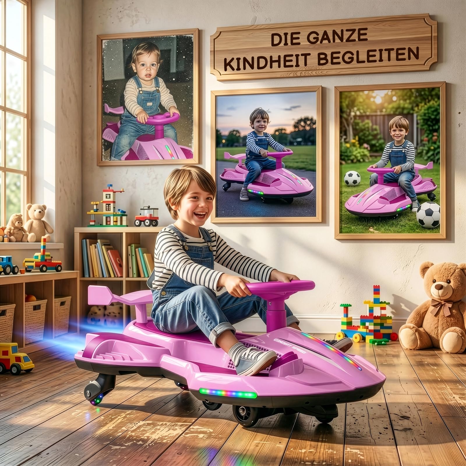 LALAHO Kinder Elektroauto, 2-in-1 Elektrisches Rutschauto mit Pedal,Wiggle Car mit Pedal,LED-Lichter,360° Lenkung,2 Geschwindigkeit Kippschutz Leuchtende Räder,für Kind ab 3 Jahren (Rosa-Lila)