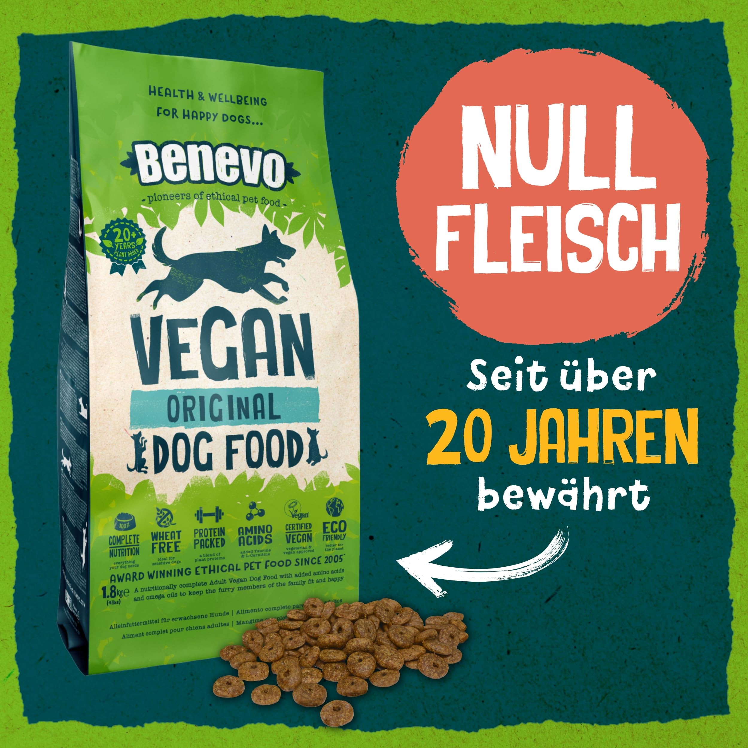 Benevo Comida para perros vegana seca (10 kg), hipoalergénica, sin trigo, sin OGM, alimentos secos para todas las razas con ácidos grasos esenciales, taurina, L-carnitina, PETA y Vegan Society UK