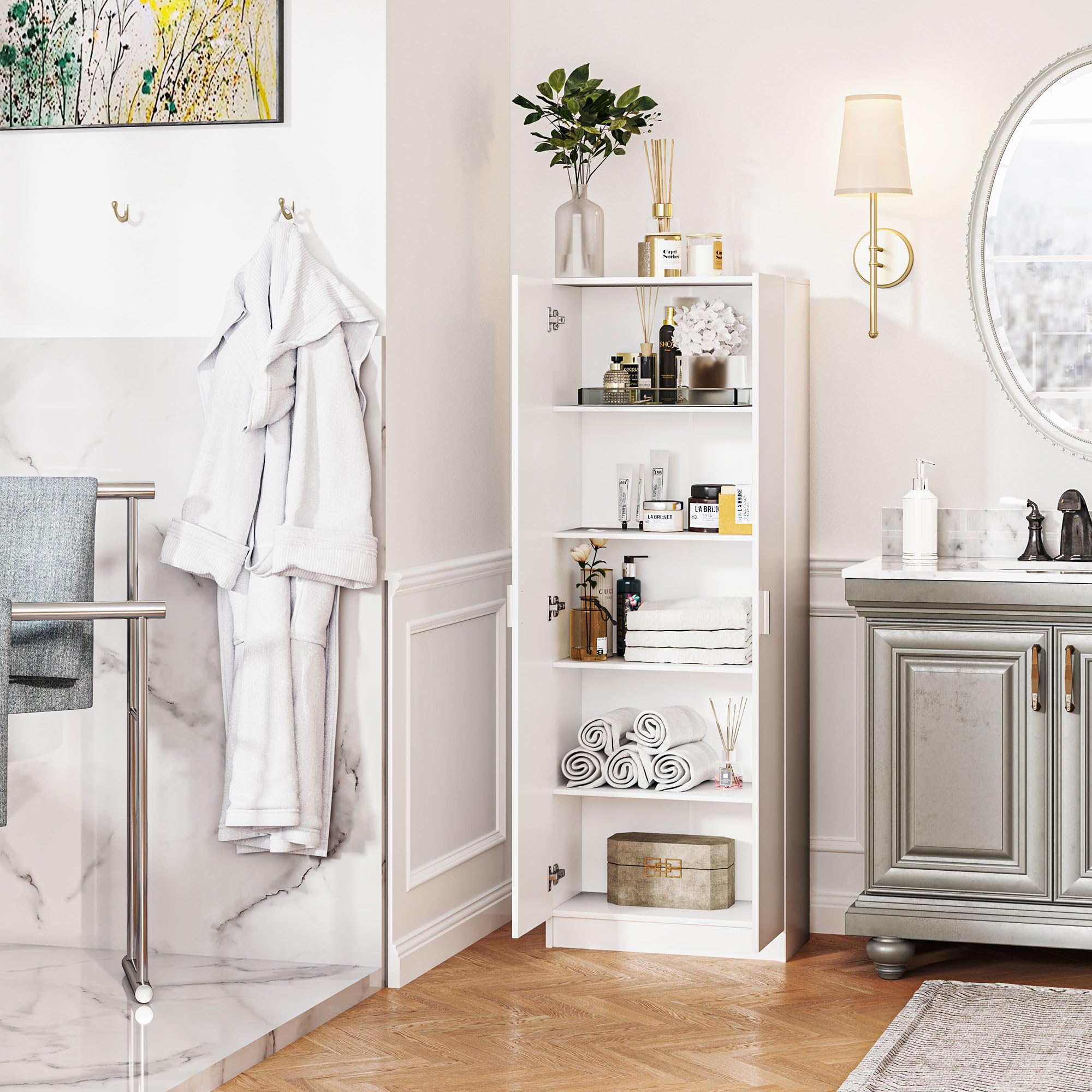 HOMCOM Armadio Multiuso con Ante Battenti, 5 Ripiani e 3 Livelli Regolabili, Mobiletto Multiuso Credenza in Legno Truciolato per Cucina, Scarpe, Ingresso, Camera da Letto Bagno, 60x31.5x165 cm, Bianco
