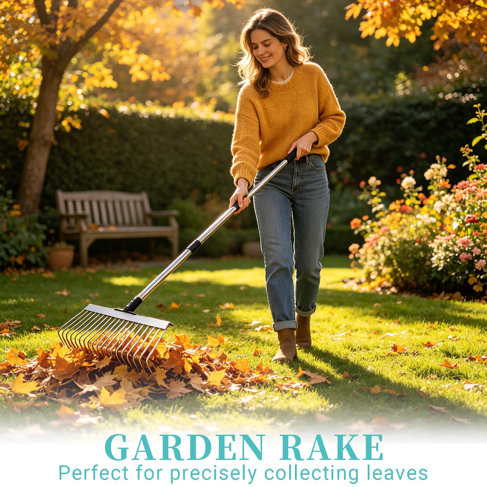 Rastrillo para Jardín, Rastrillo Jardin Metal con Acero Inoxidable 160 cm, Rastrillo de Deshierbe Rastrillo 21 Dientes, Cabezal Pequeño de 40 cm, Rastrillo para Jardín, Césped, Arbusto