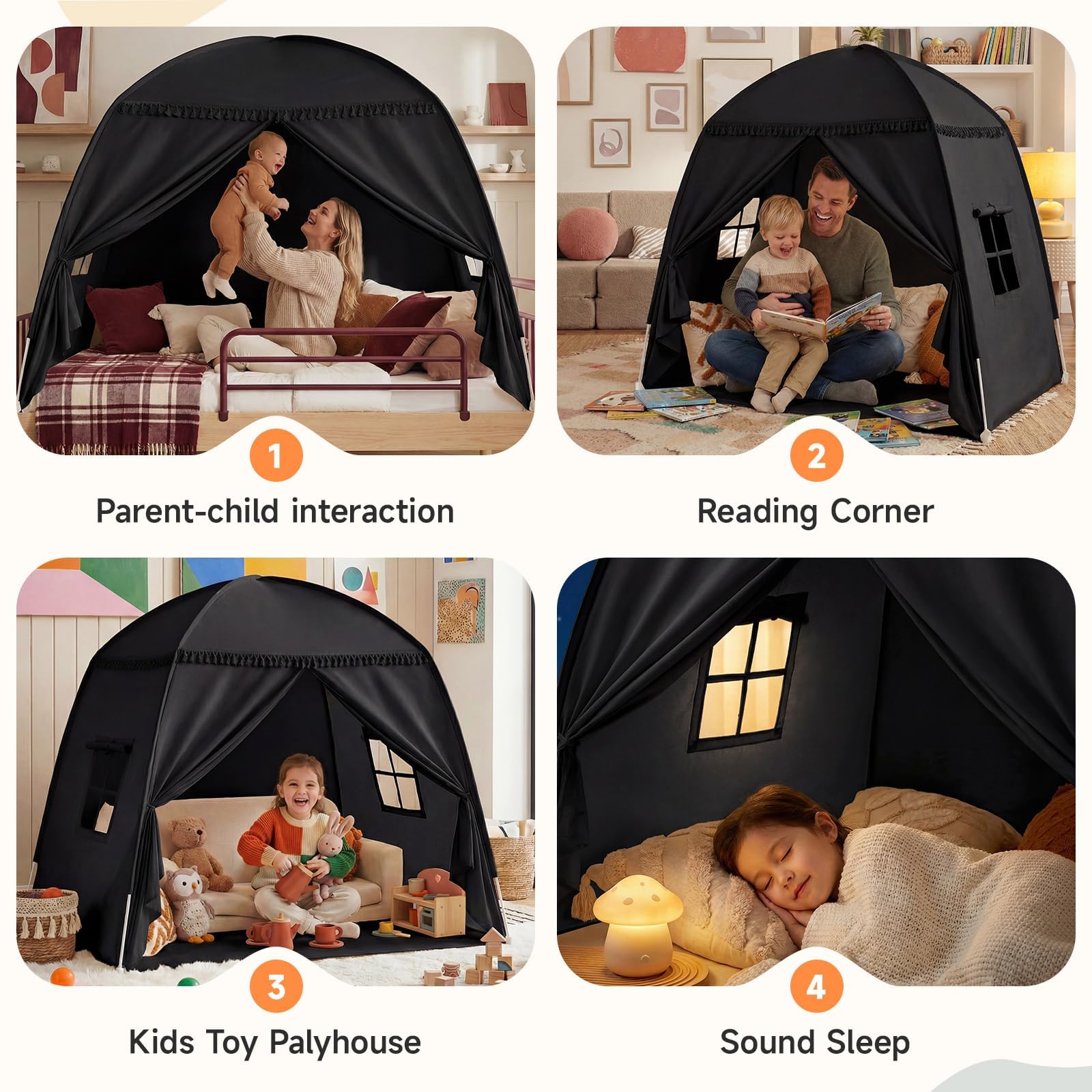 Tienda de campaña para habitación infantil: gran casa de juegos para interiores, portátil y plegable, para cama individual y litera, cueva para niños y niñas (negro)
