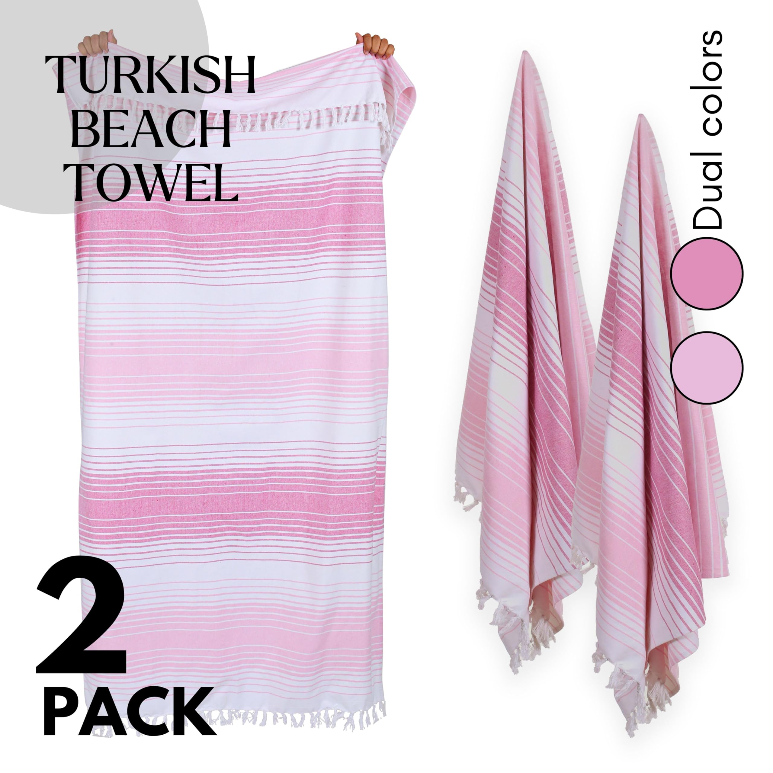 Turkish Peshtemal Beach Towels Set Of 2 – Extra Large 40x72" – Terry Backed Cotton, Quick Dry & Absorbent