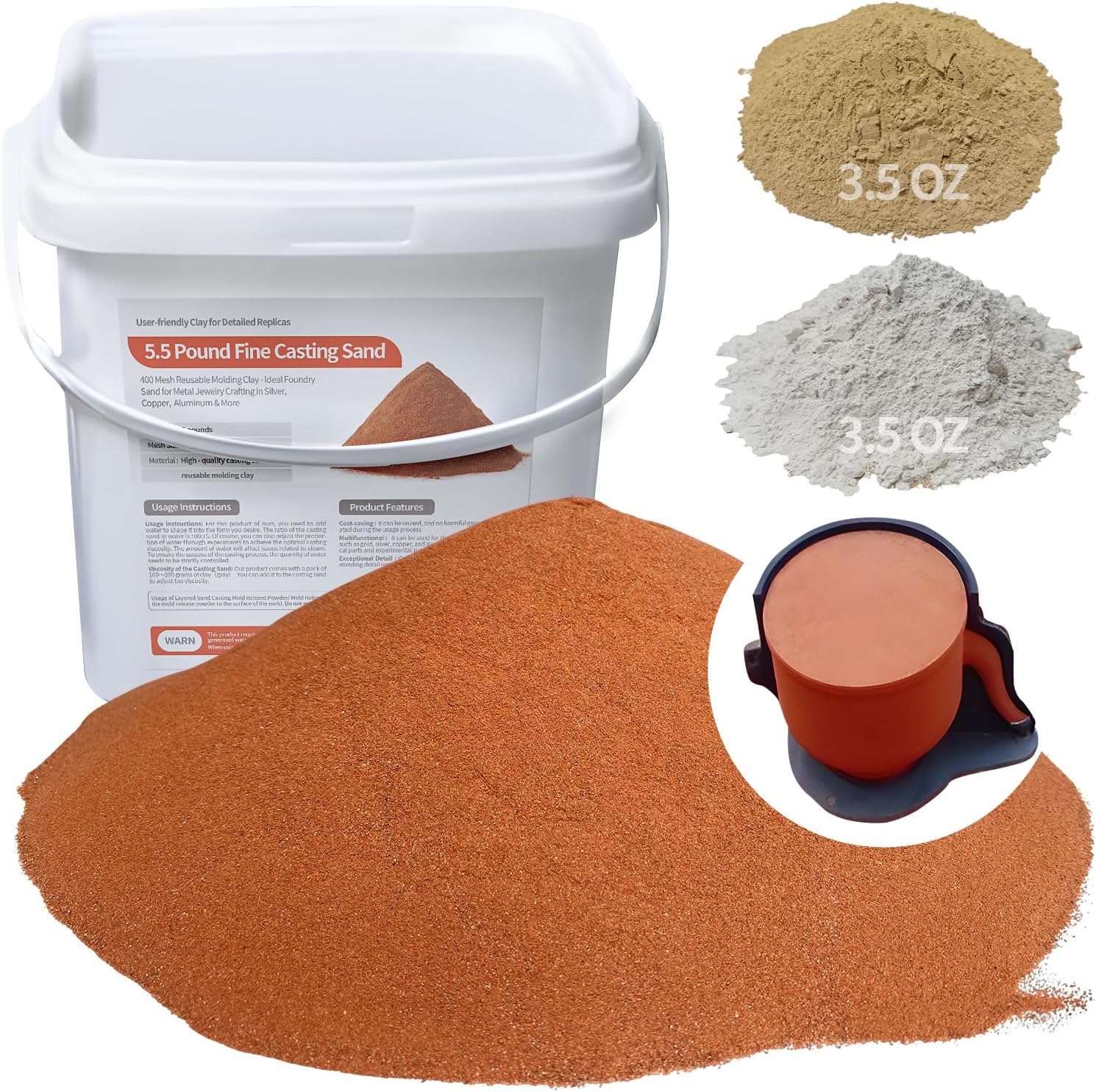5.5 LB 400 Mesh Fine Casting Sand + 0.22 LB Viscosity-Enhancing Soil + 0.22 LB Release Sand | Molding Clay for Metal Jewelry Crafting | Metal Casting Kit for Detailed Replicas (Red, Medium 5.5LB)