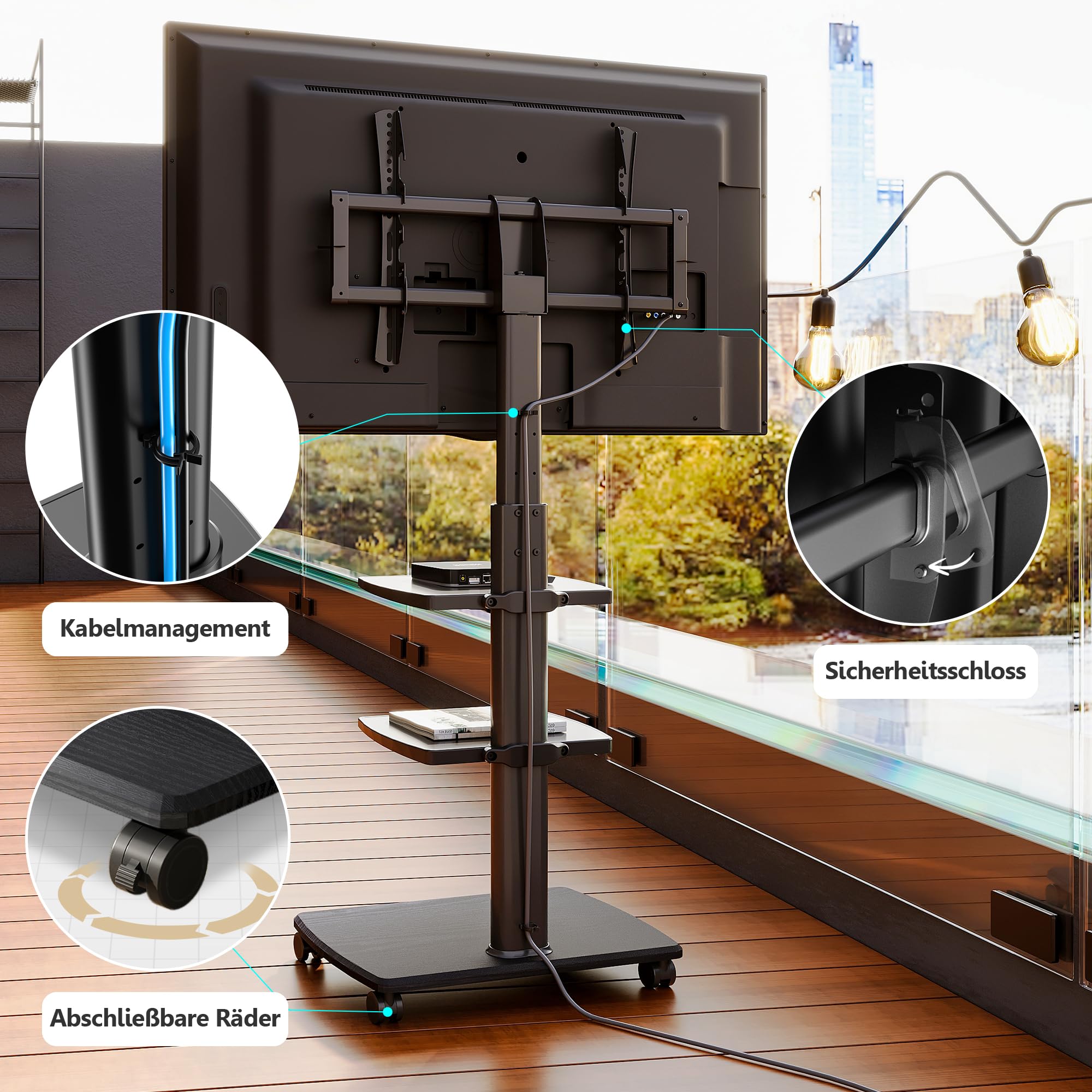 FITUEYES TV Ständer Rollbar, TV Standfuß mit 3 Ablagen für 32-70 Zoll Fernseher bis 40 kg, Höhenverstellbar & Schwenkbar, Max. VESA. 600 * 400 mm, Geeignet für Mietwohnungen Büros, Schwarz