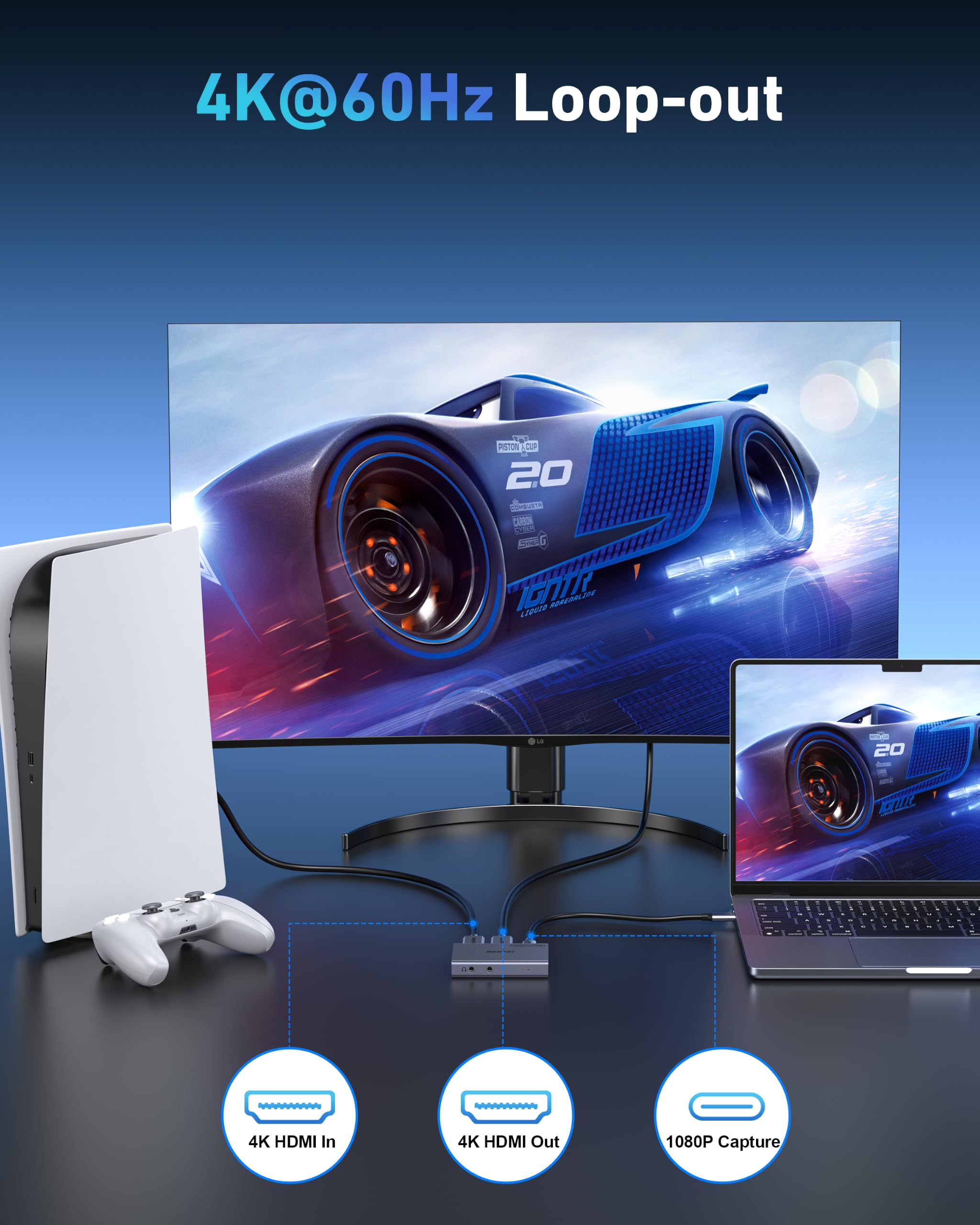BENFEI Carte de capture vidéo HDMI vers USB-C 4K@60Hz avec sortie boucle, appareil de capture de jeu basse latence 1080P 60FPS pour streaming, jeux, Switch, PS4/5, Xbox, Mac, ordinateur portable