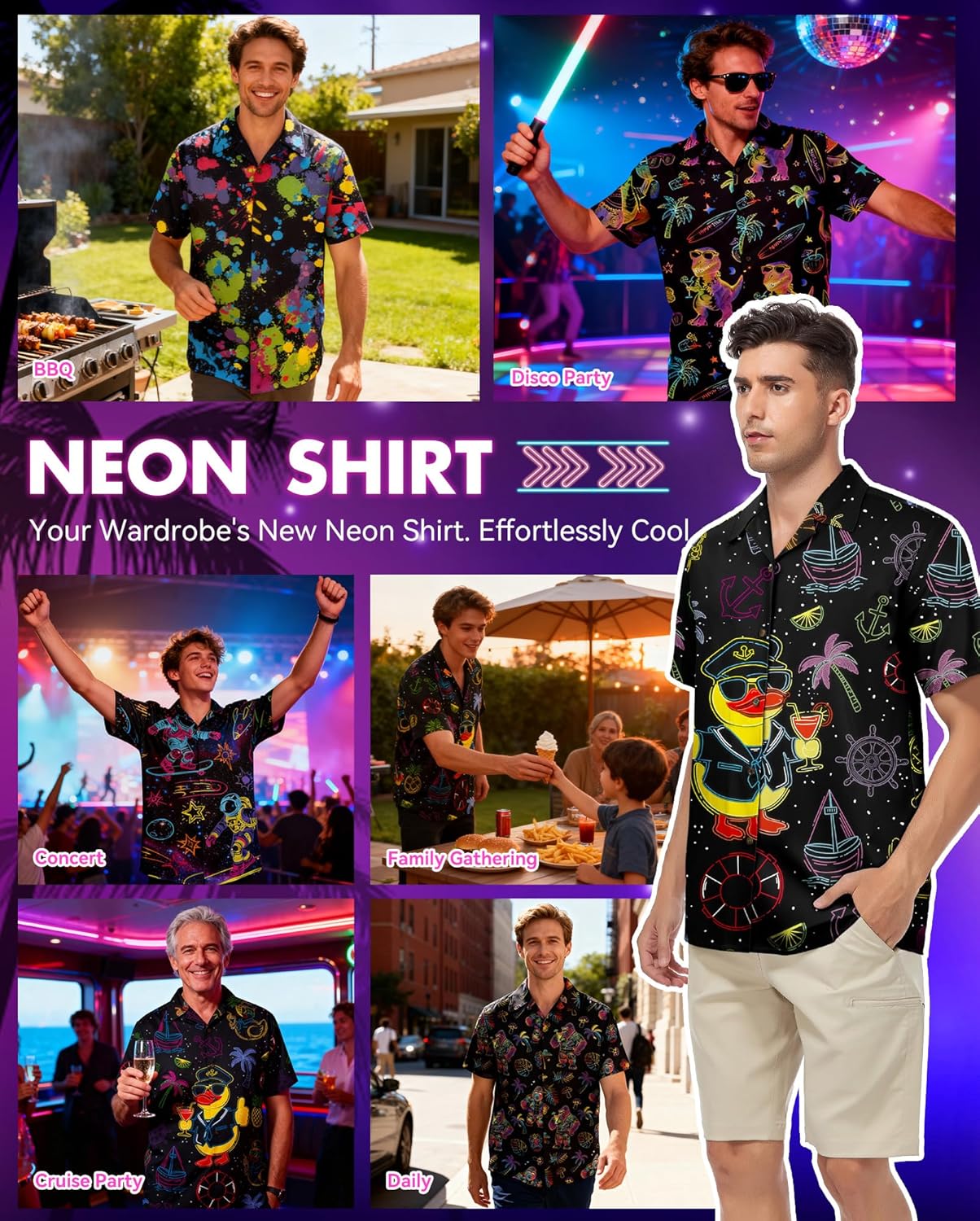 Zando Neon Shirts for Men - Funny Hawaiian Vibrant Tropical Print Button Down Rave Outfit Top for 80s Party Vacation Festival - Image 5