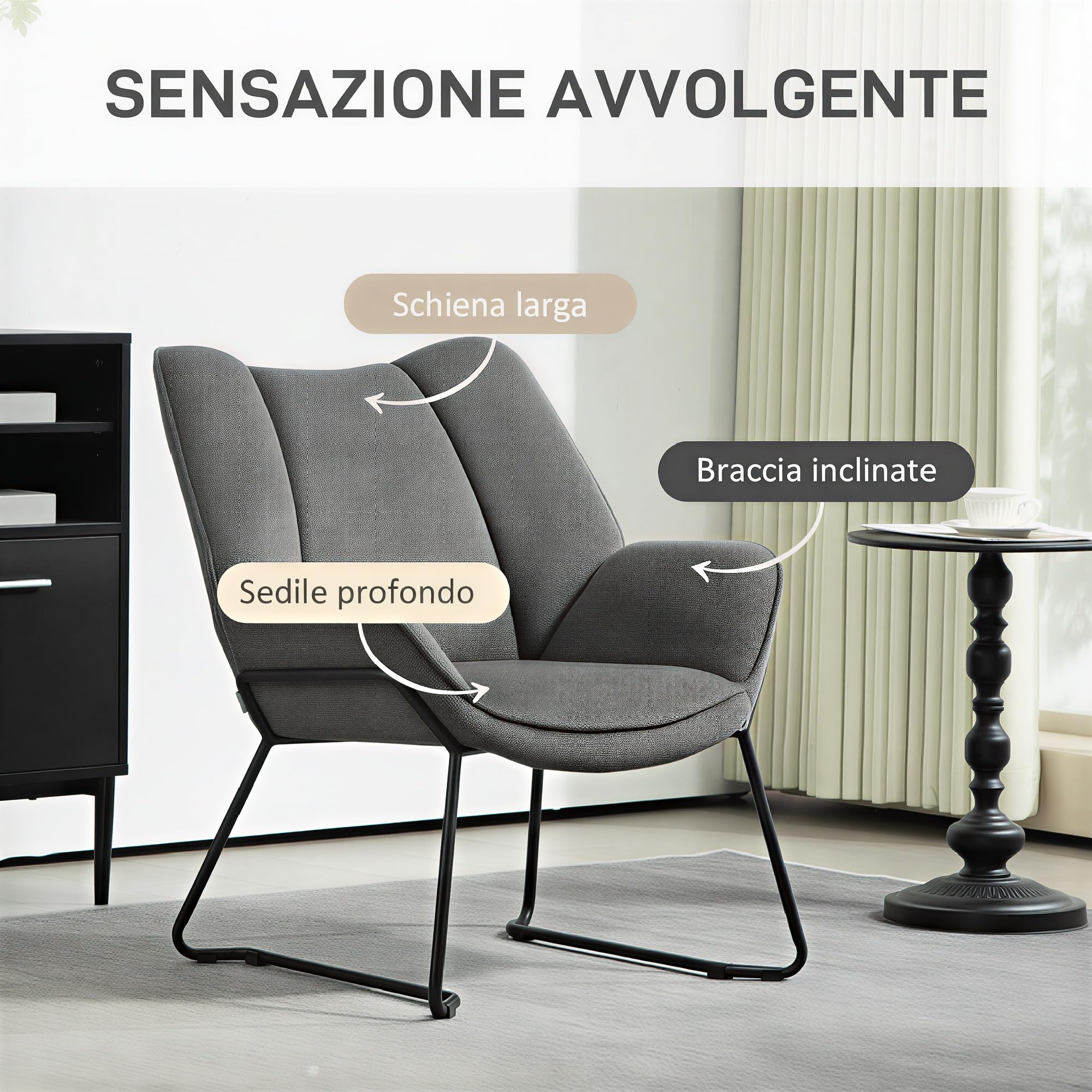 HOMCOM Poltrona d'Arredo Imbottita con Braccioli Inclinati, Poltrona da Soggiorno in Tessuto Effetto Lino e Struttura in Acciaio, 71.5x67x79 cm, Grigio