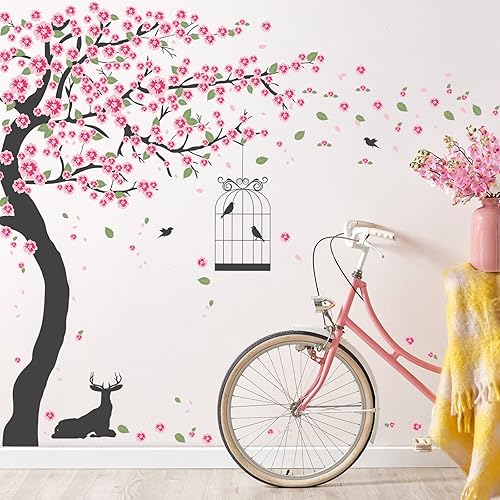 Miniatura 4 de Buiory 6 hojas de 12 x 18 pulgadas extraíbles de árbol gigante y flores rosas murales 3D DIY despegar y pegar cuarto de bebé decoración de pared de