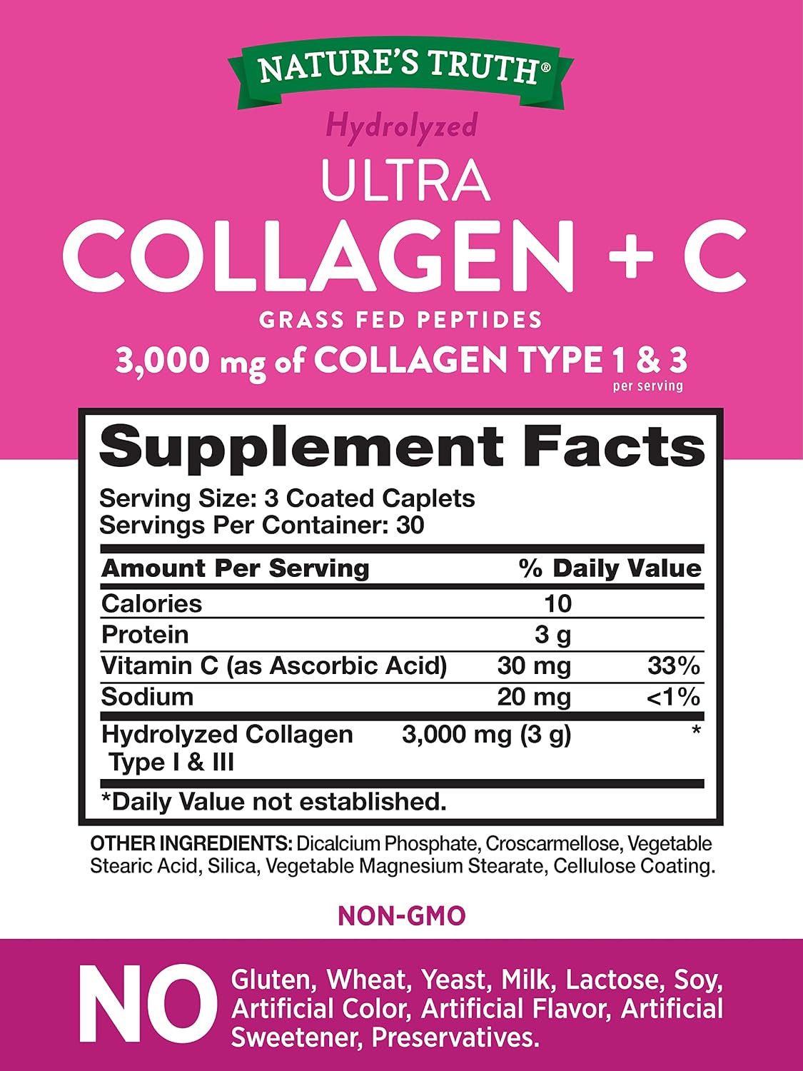 Nature's Truth Hydrolyzed Collagen Peptides | 90 Caplets | Type 1 and 3 with Vitamin C | Grass Fed, Non-GMO, Gluten Free Pill Supplement