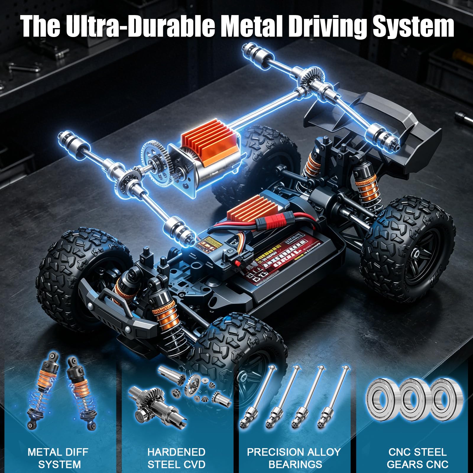 BAZADER Coche Teledirigido Adulto - 1:18 4WD Coche Radiocontrol 40km/H 2.4Ghz con 2 Batería 1200mAh Sistema de Transmisión Metálico Off-Road Truck- Remote Control Car con Baterías Recargables