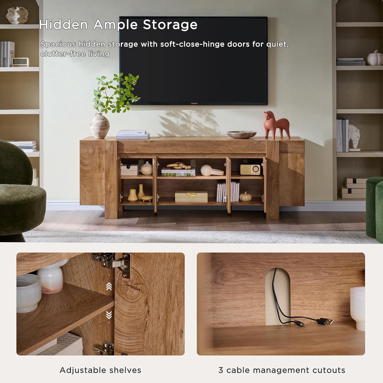 OKD Modern Farmhouse TV Stand, 70" Long Media Console Table with Storage Cabinet, Wooden Entertainment Center for Living Room, Light Knotty