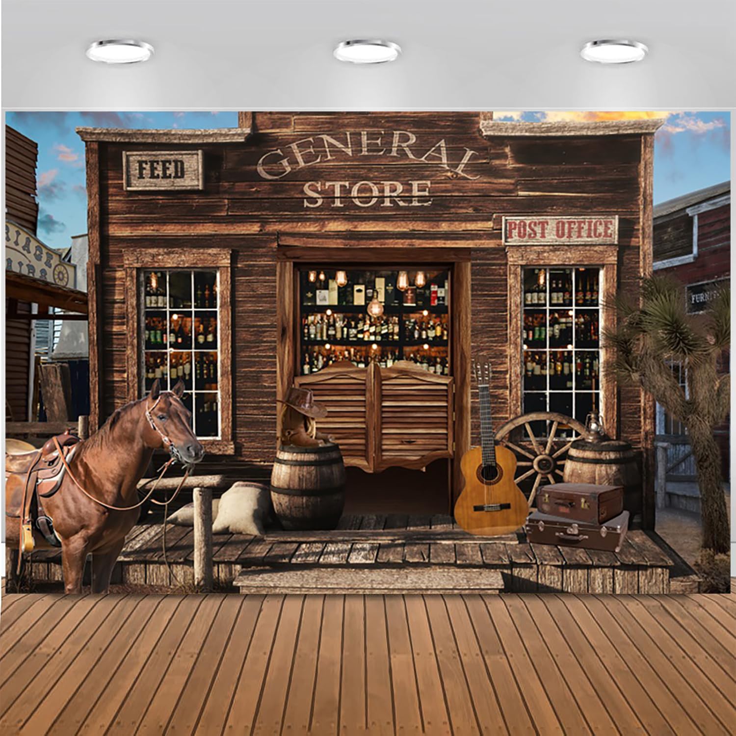 3.6x3m Sfondo Western Cowboy vintage Wild West Saloon Bar cavallo rustico porta di legno fienile sfondo fotografia country tema western festa di compleanno per bambini decorazione