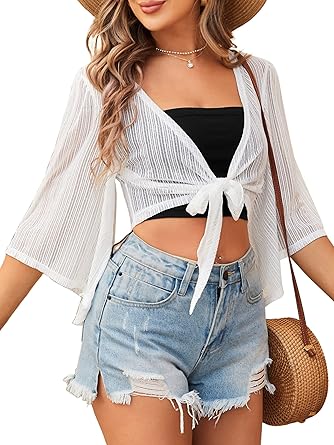 ZAFUL Women's Cropped Bolero Sheer Shrugs for Dress Short Sleeve Tie Front Cardigan