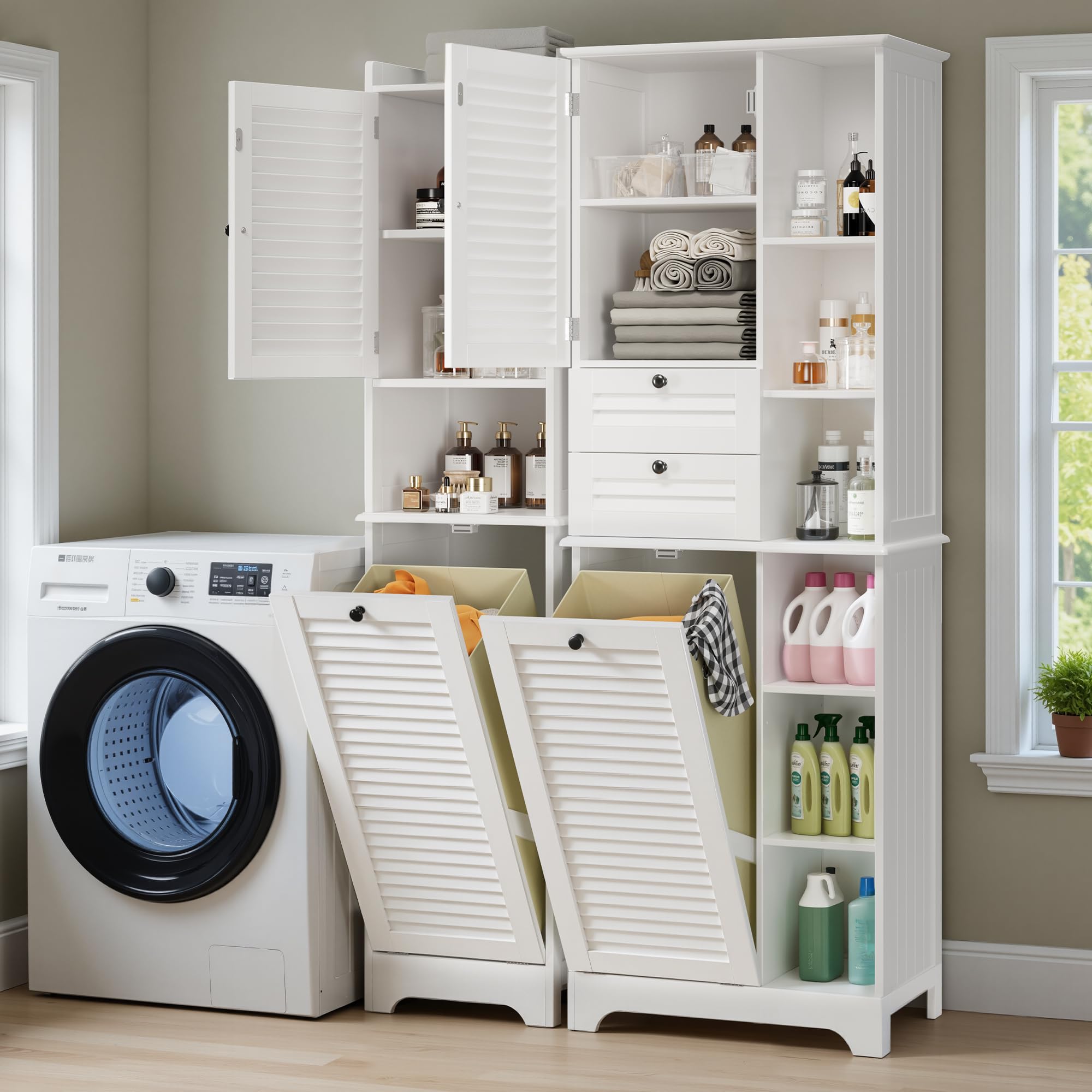 Xbro Mueble Baño con Cesto para Ropa, Armario Columna con Estantería y Puerta con Balda Ajustable, para Baño Pequeño, 40 x 170 x 37 cm, Blanco