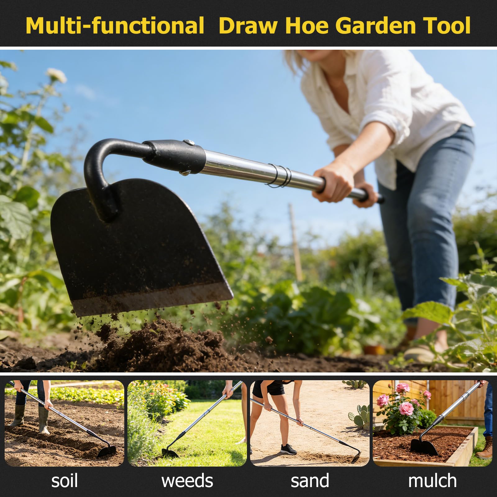 Draw Hoe - Herramienta de jardín, azadas de jardín resistentes para desmalezar, mango largo, fácil de levantar, raspar, desmalezar para jardín, azada ajustable de 63 pulgadas con hoja soldada de 7