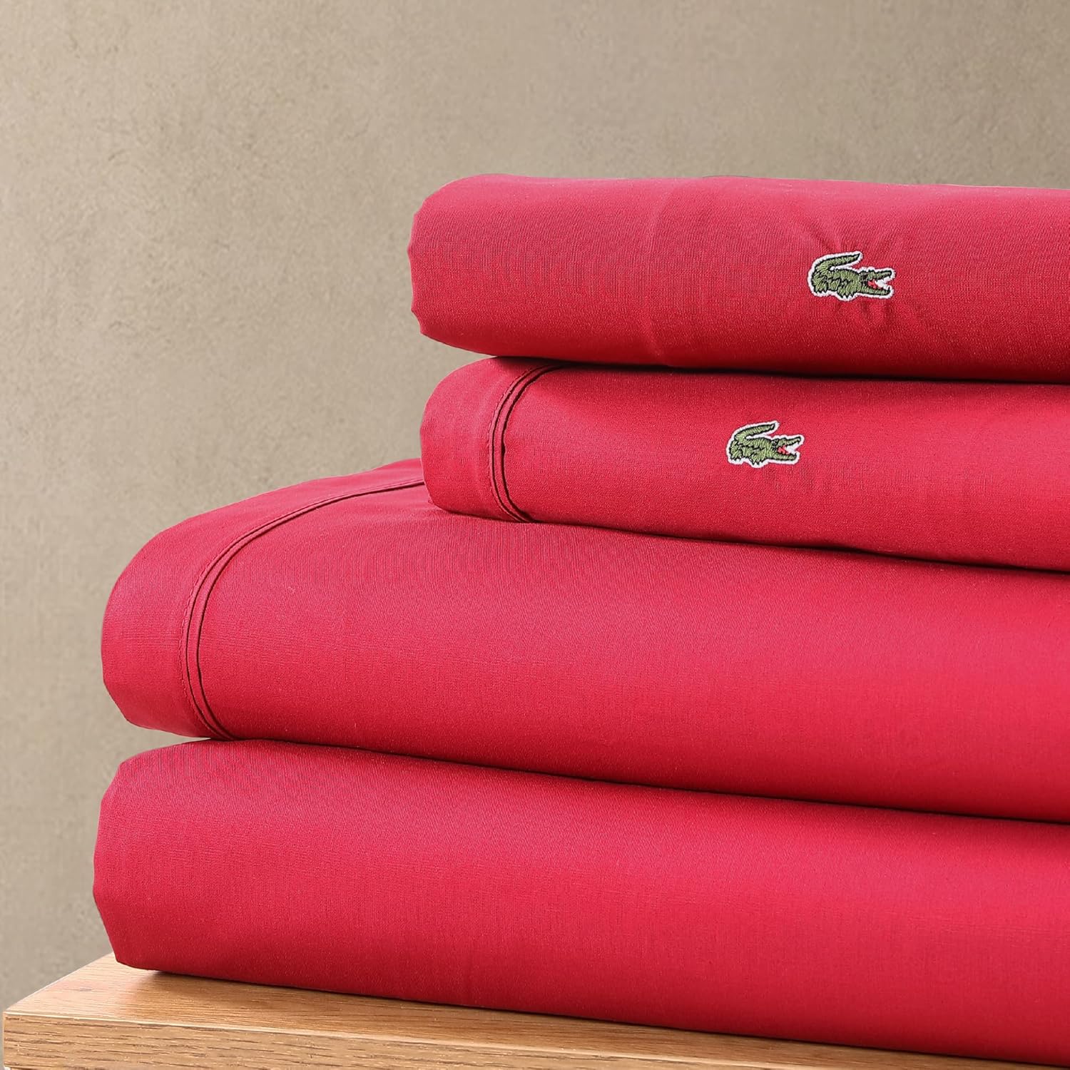 Lacoste 100% Cotton Percale 4-Piece Sheet Set – Crisp Cool Breathable All-Season Bedding, Oeko-Tex Certified, Soft Matte Finish, Durable Premium Cotton – Solid, Chili Pepper, King